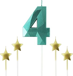 Green Number 4 Birthday Candles and Star Birthday Candles 2.76 inch Birthday Cake Candles 3D Diamond Shaped Candles are Suitable for Birthday Parties and Anniversary Cake Decorations Candles
