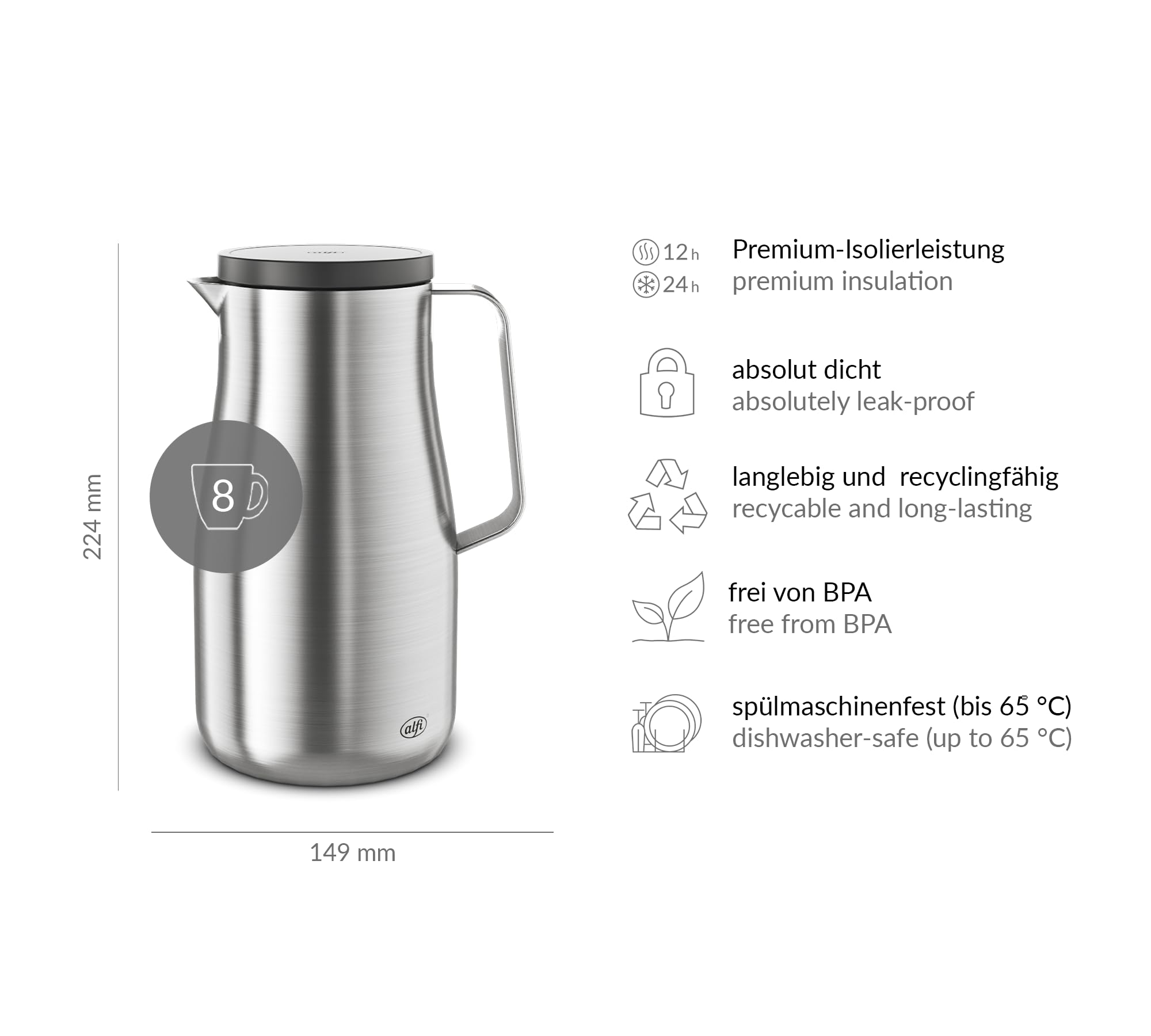 alfi STUDIO TT 1,0l, stainless steel, Isolierkanne aus doppelwandigem Edelstahl mattiert, hält 12 Stunden warm, 24 Stunden kalt, Drehverschluss, Öffnung groß, Thermoskanne, spülmaschinenfest, BPA-frei
