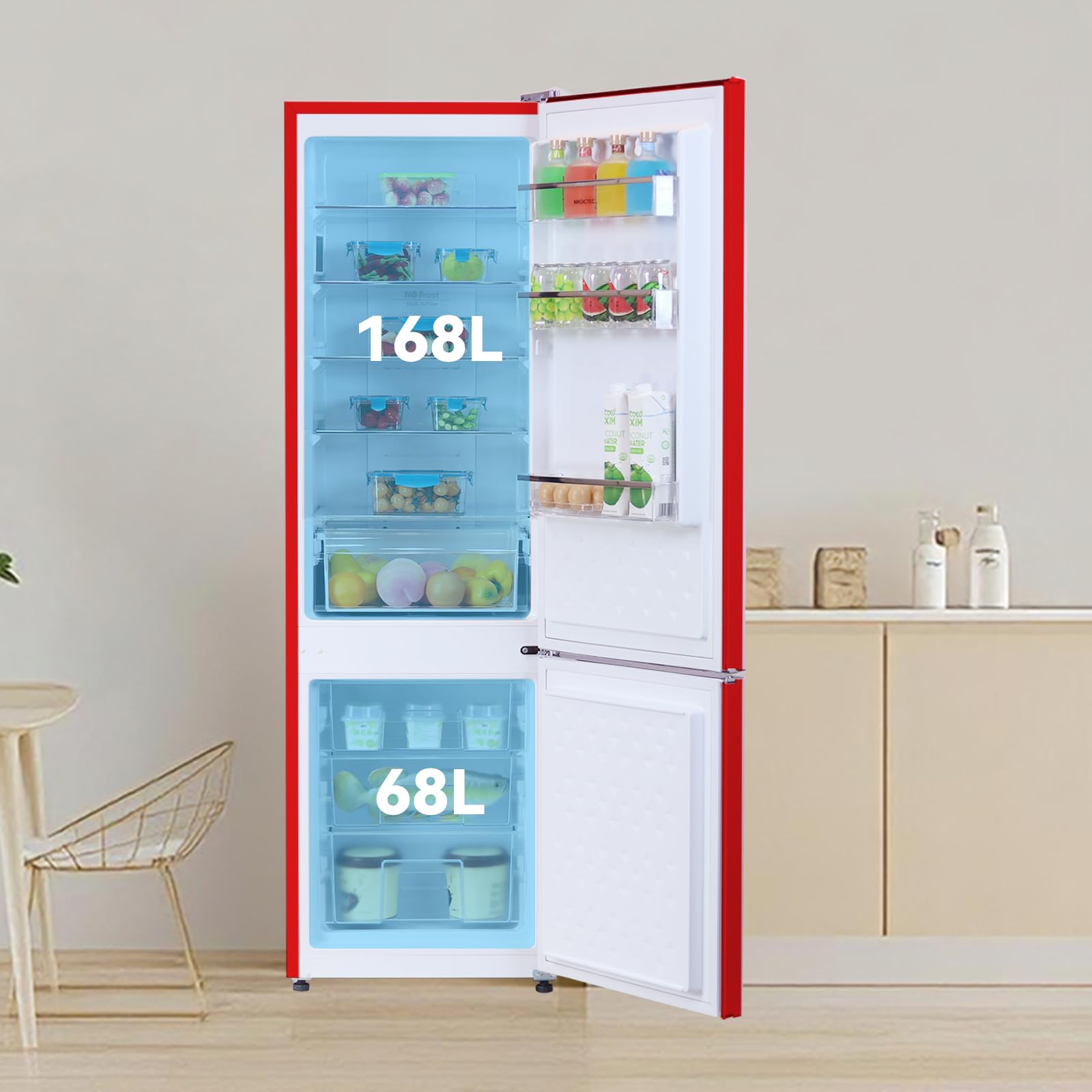 magictec 【Premium】 Retro Kühlschrank Mit Gefrierfach Vintage 179cm,【Total No Frost Plus 】, 236L (168L/68L Gefrierfach) | Kühl Gefrierkombination Freistehend Retro | Elektronische Steuerung | Rot