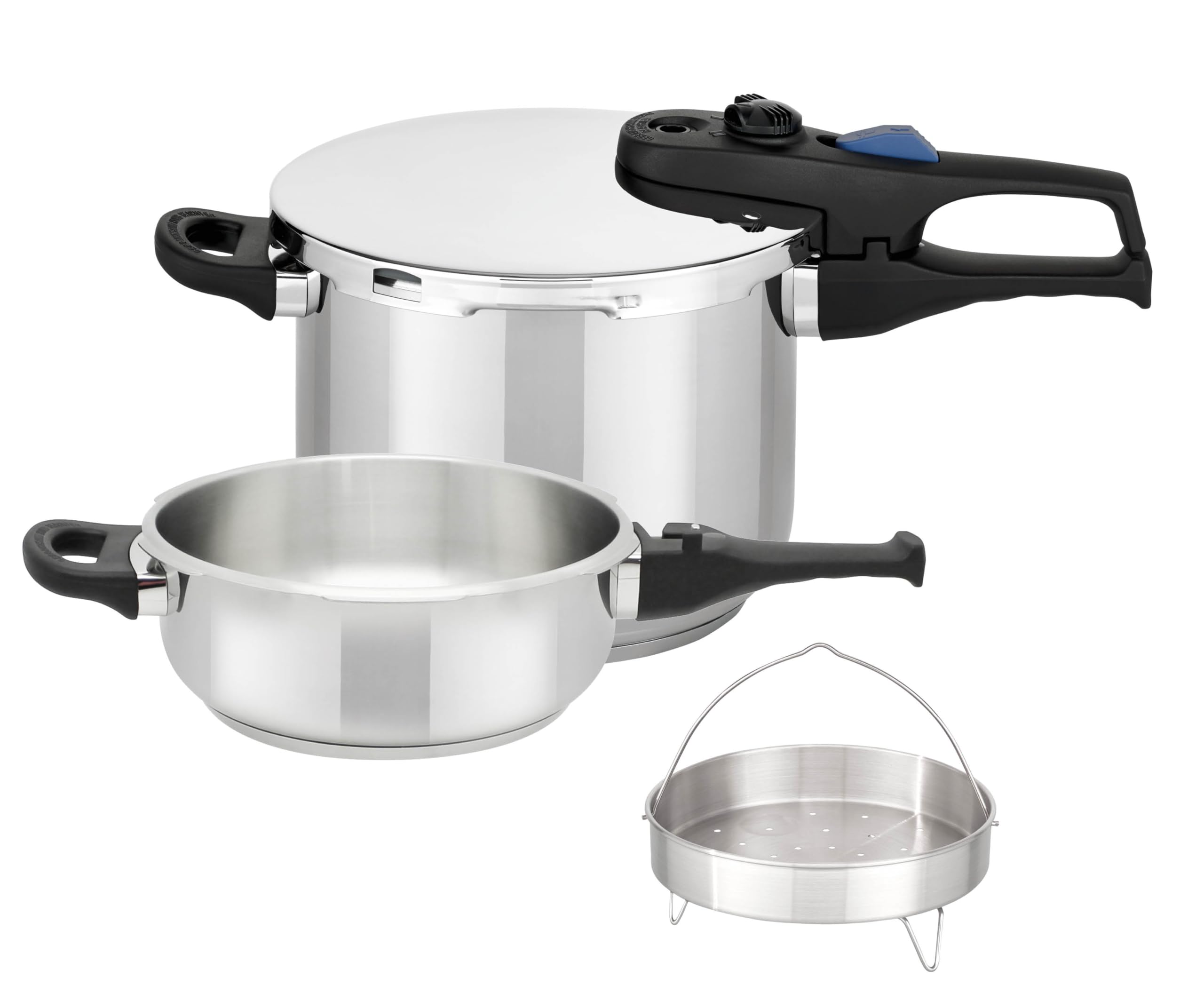 ELO Schnellkochtopf Praktika XL Set 5tlg. 22cm, 6 l, Edelstahl 18/10 | automatisches Druckregelsystem, schonendes Garen, starker ELO-Therm Speicherboden, mit Sicherheitsmechanismus
