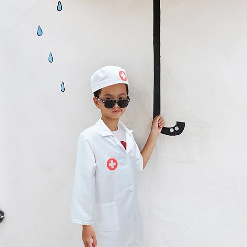 Miniatura 7 de WRITWAA Disfraz de médico para niños, abrigo de laboratorio blanco, disfraz de médico con sombrero, disfraz de científico para niños, disfraz