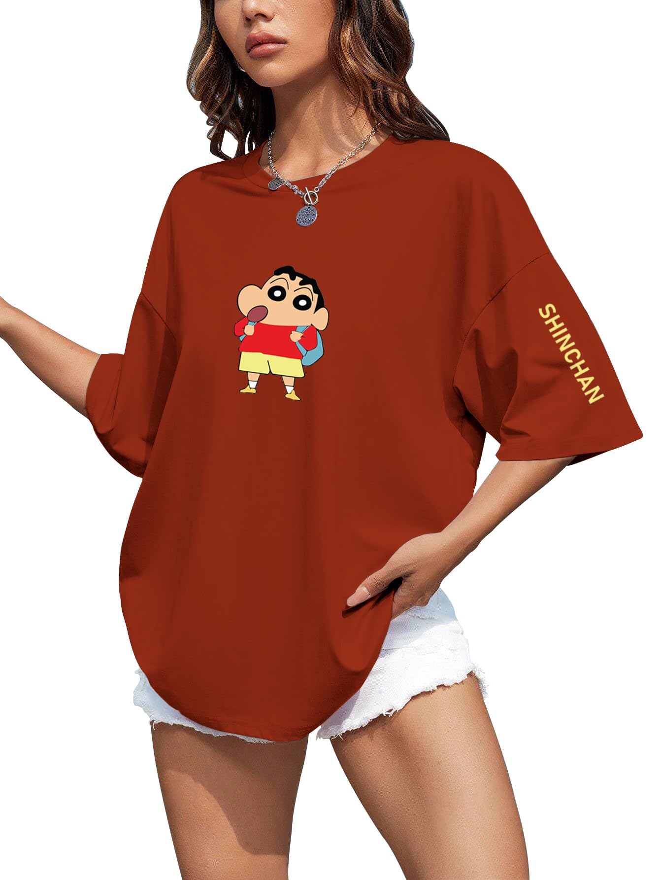 supa dupa Women's Oversized Cotton T-Shirt | Drop Shoulder Loose Fit Round Neck Graphic Printed Casual Streetwear Tee (Art. Shinchan)-picture-35