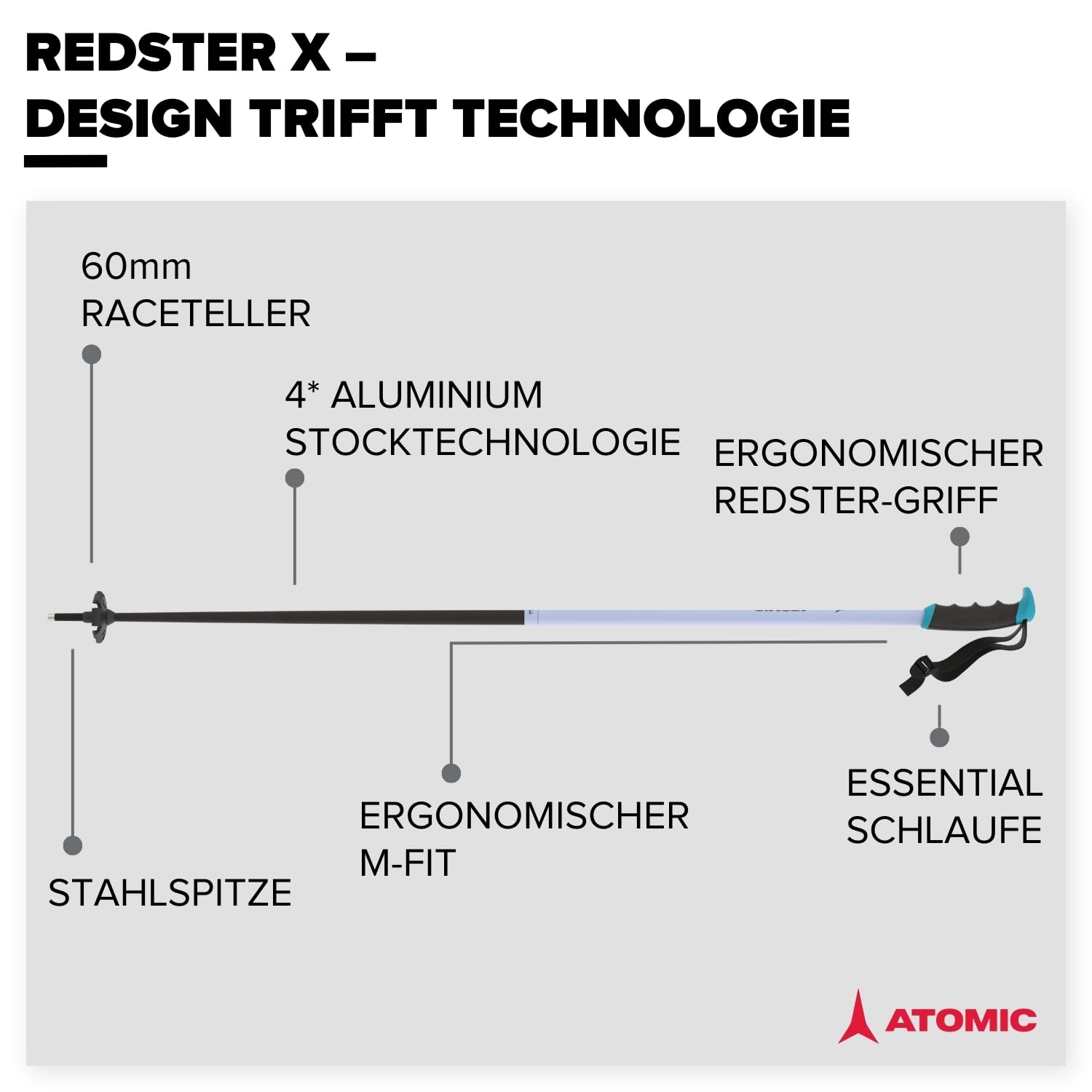 Atomic REDSTER X Skistöcke I Ski-Stöcke mit ergonomischem Griff & 60 mm Pistenteller I Robuste Ski-Poles aus hochwertigem Aluminium I Skistock mit Verstellbarer Schlaufe