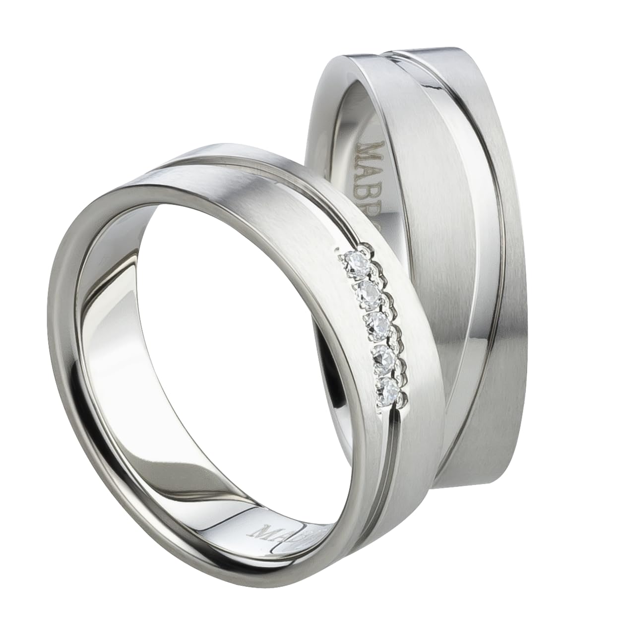 Partnerringe & Eheringe Titan 6 mm – Freundschaftsringe strichmatt & glänzend – Damenring mit 5 Zirkonia – außen gerade – innen leicht bombiert –Gravur inkl. – Ringpaar | Modell 1590