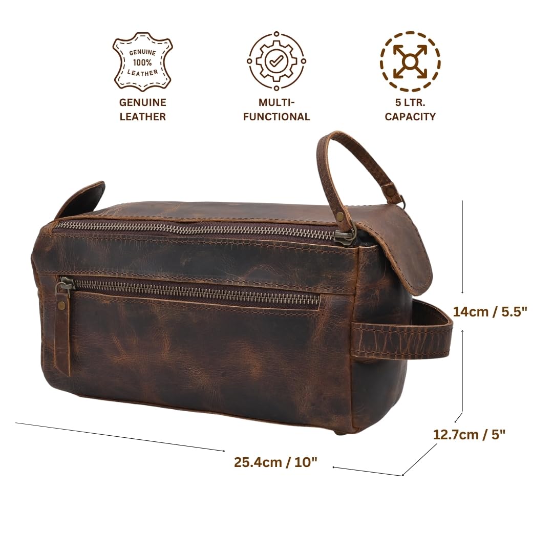 Neceser colgante de piel auténtica de búfalo con forro impermeable para hombres y mujeres, hecho a mano, vintage, de cuero marrón envejecido, kit de viaje, Interior espacioso: amplio