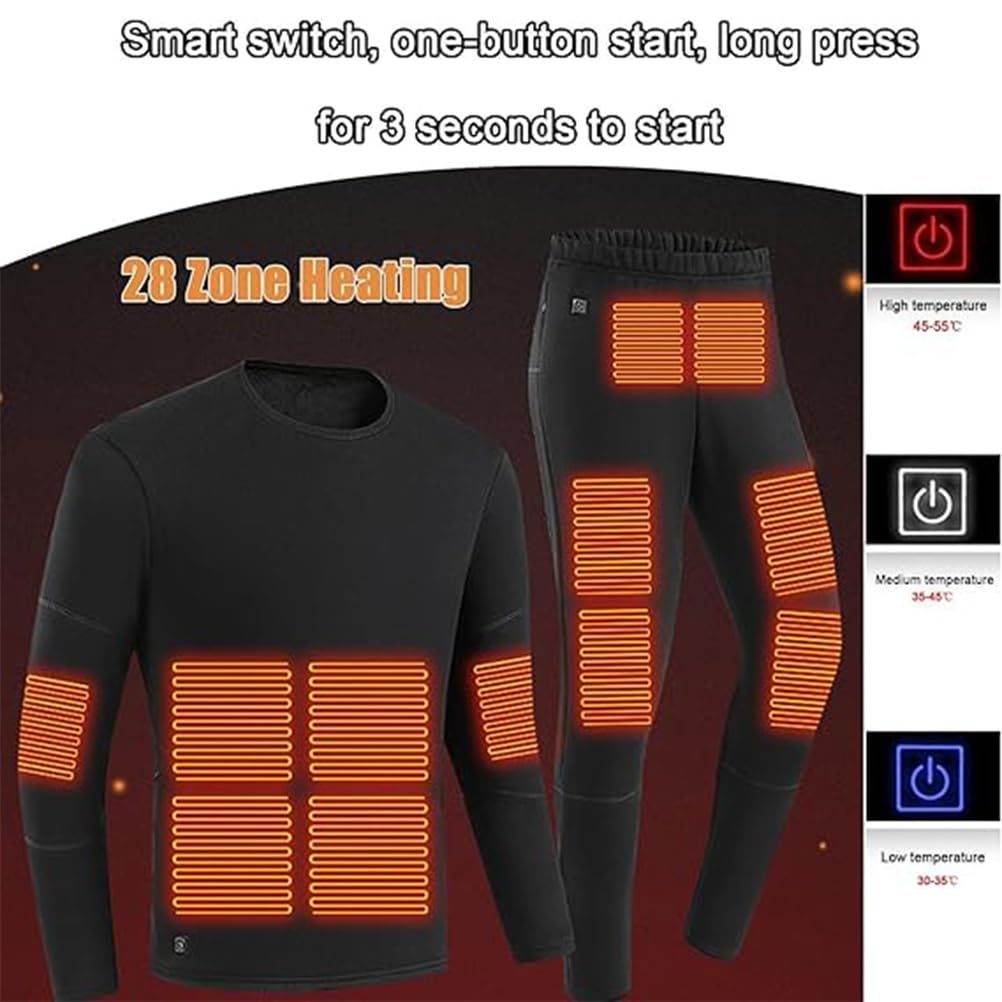 Conjunto de Ropa Interior Térmica Eléctrica para Hombre con 28 Zonas de Calentamiento Inteligente USB, Pantalones y Camiseta, Capa Base Térmica Lavable para Hombre para Invierno,Negro,S