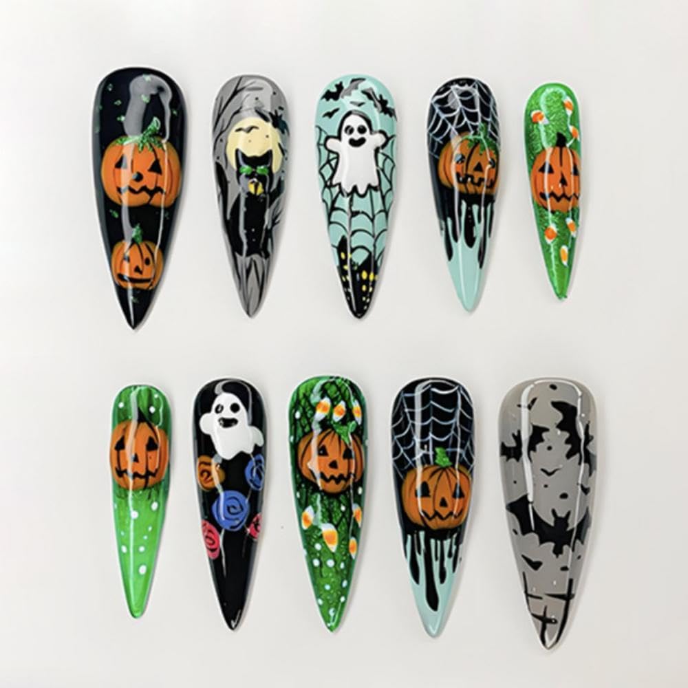 Halloween Press on Nails Long Almond False Nails with Pumpkin Ghost Design Bat Spider Web Fake Nails Cat Moon Glue on Nail Glossy Holiday Stick on Nail for Women Girls Manicure 24Pcs EDC24 Long