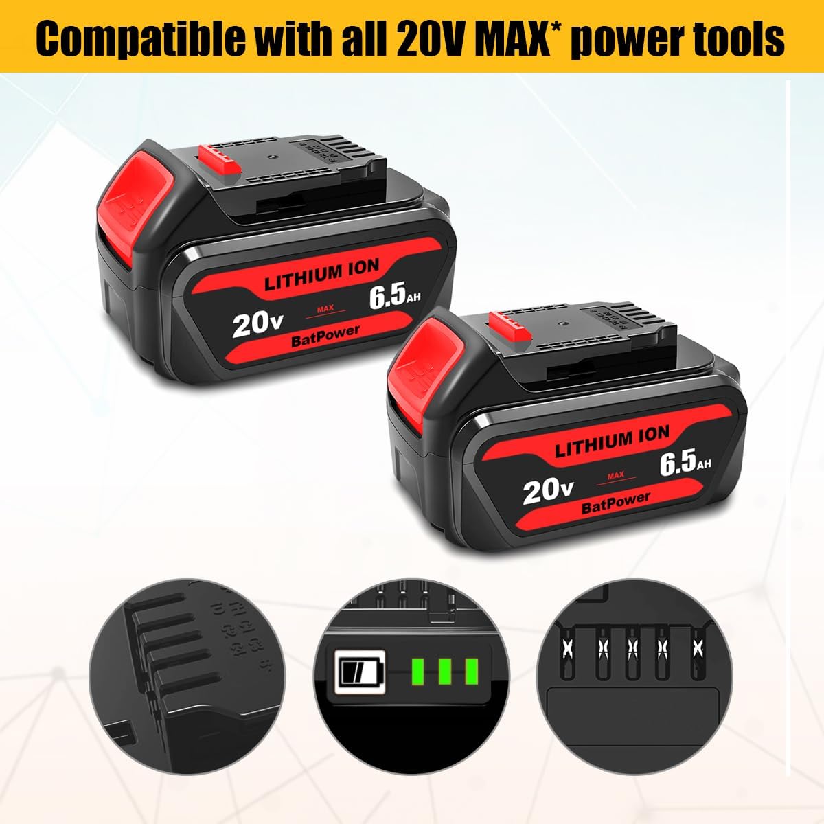 BatPower 2-Pack Replacement Battery Compatible with DeWALT 20V MAX System, 6.5Ah XR High Capacity Lithium-Ion Battery for 20 Volt Cordless Power Tools DCB205 DCB206 DCB204 (2 Packs)