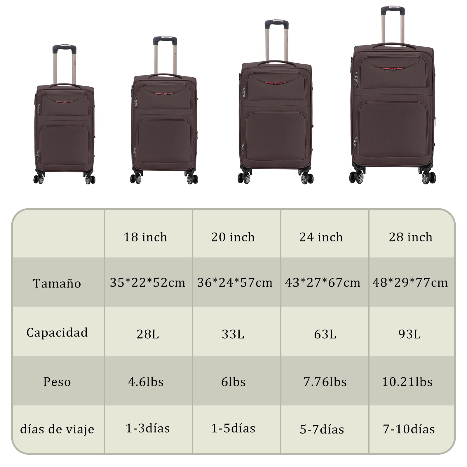 Juego de Maletas Blandas 4 Piezas Ampliable Ligero Set Maletas de Viaje de Tela Cabina Trolley Duradero con 4 Ruedas Dobles Giratorias y Cerradura 18" 20" 24" 28" (Marron)