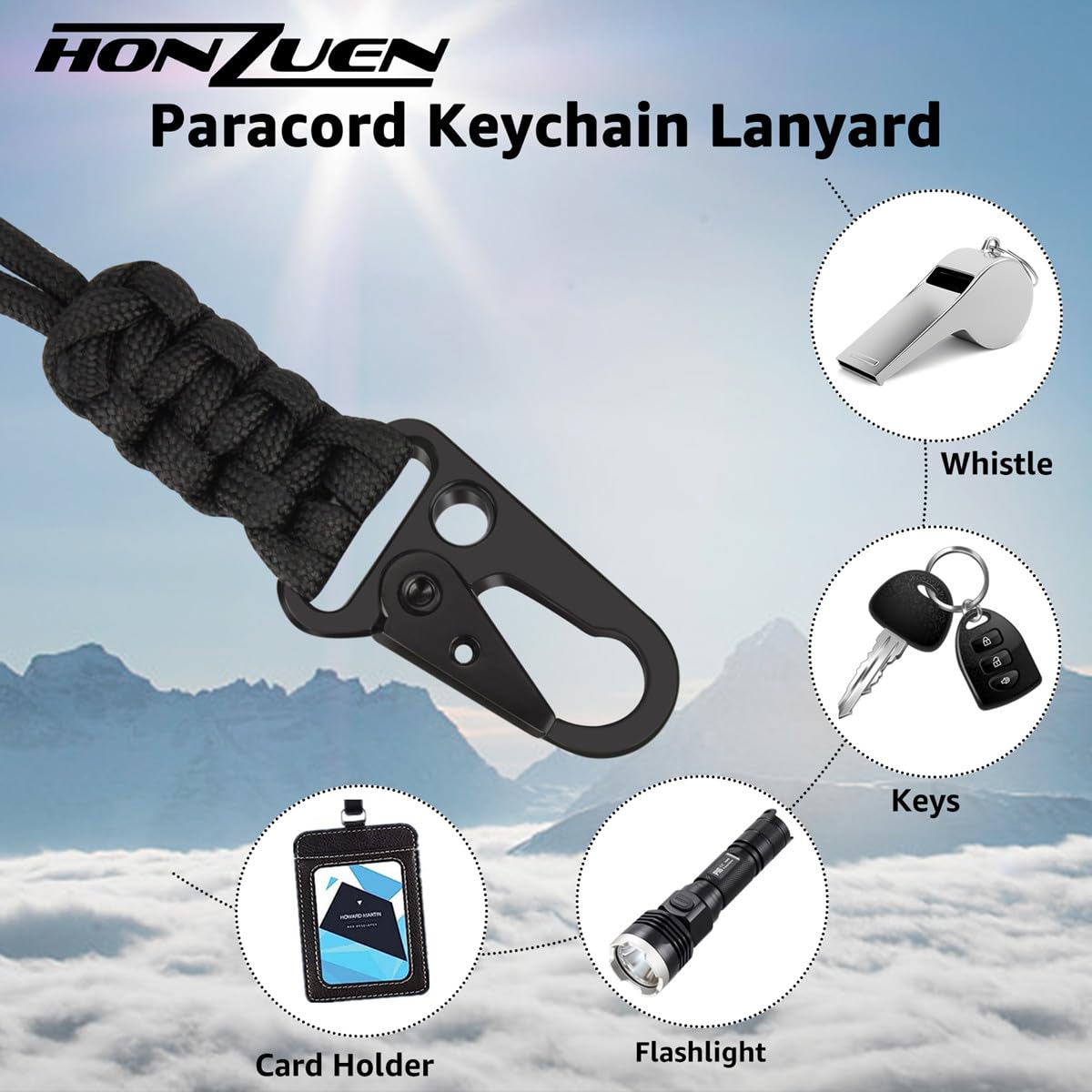 HONZUEN Paracord Lanyard, 2PCS Phone Lanyard, Adjustable Black Key Necklace with HK Clip - Image 2