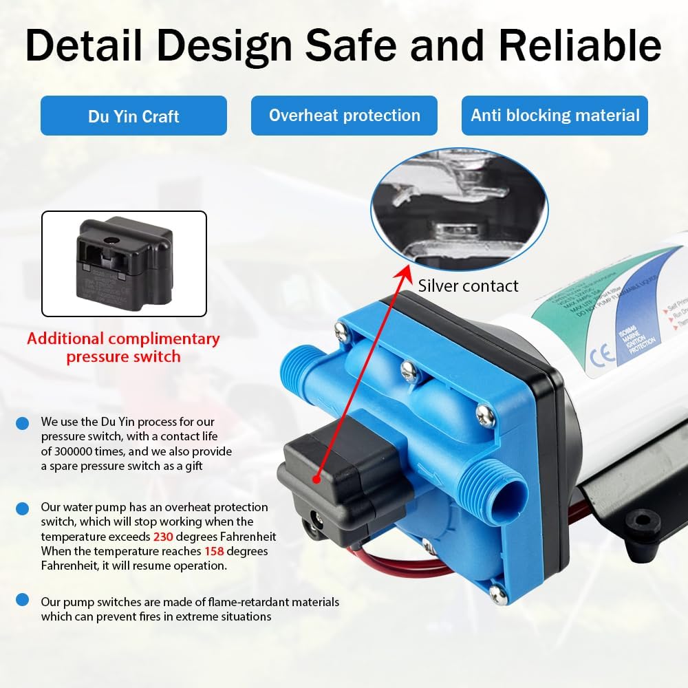 12V DC electric high-pressure self-priming diaphragm pump, Equipped with pressure switch，5.5GPM, 70Psi, for RV Marine Yacht Lawn Garden