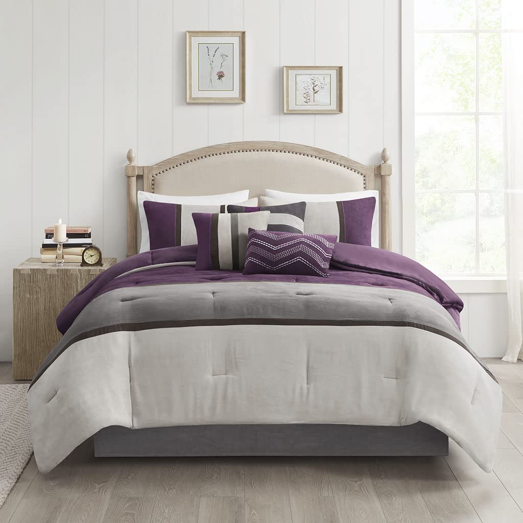 Amazon.com: Madison Park Palisades Comforter Set Modern Faux Suede Pieced  Stripe Design, All Season Down Alternative Cozy Bedding with Matching  Shams, Decorative Pillows, Cal King(104"x92"), Purple 7 Piece : Home &  Kitchen
