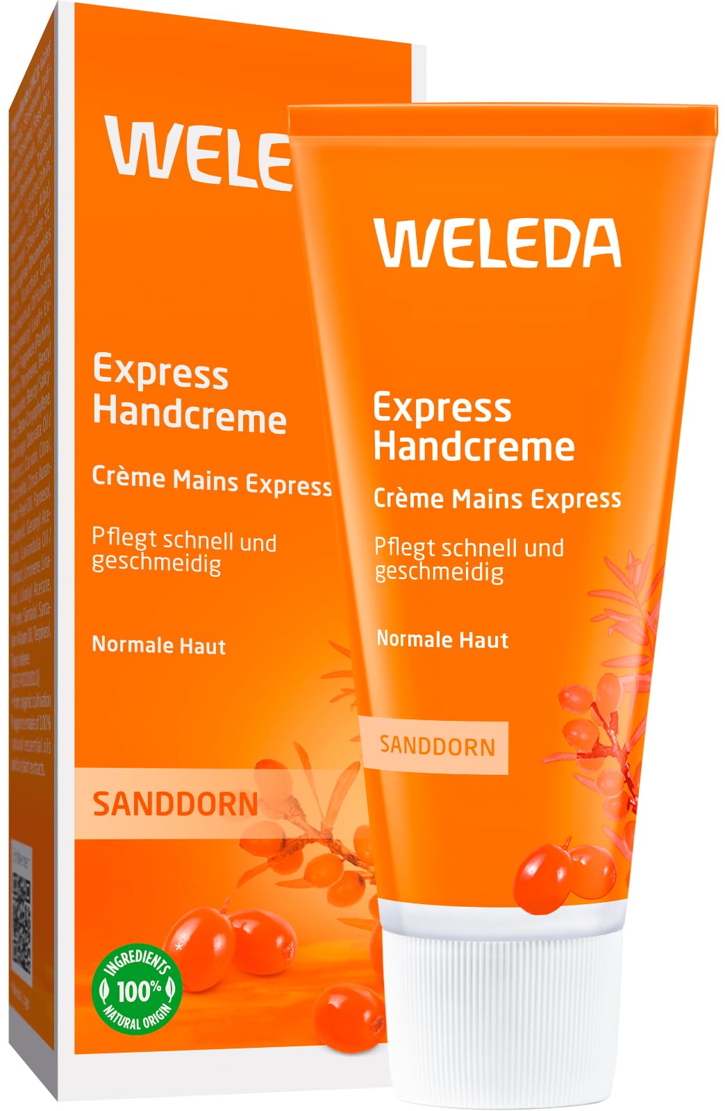 WELEDA Bio Express Handcreme Sanddorn - Naturkosmetik Handpflege Creme für trockene Hände. Nachhaltige Feuchtigkeitscreme für Frauen & Männer mit Grapefruit, Mandarine & Sandelholz Duft (1x 50ml)