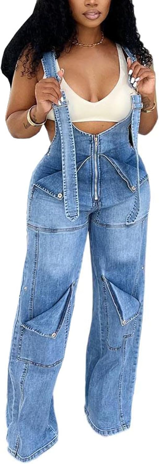 Women's Denim Overalls Cargo Straight Wide Leg Jumpsuit Adjustable Strap Sleeveless Baggy Jean Bib Overalls