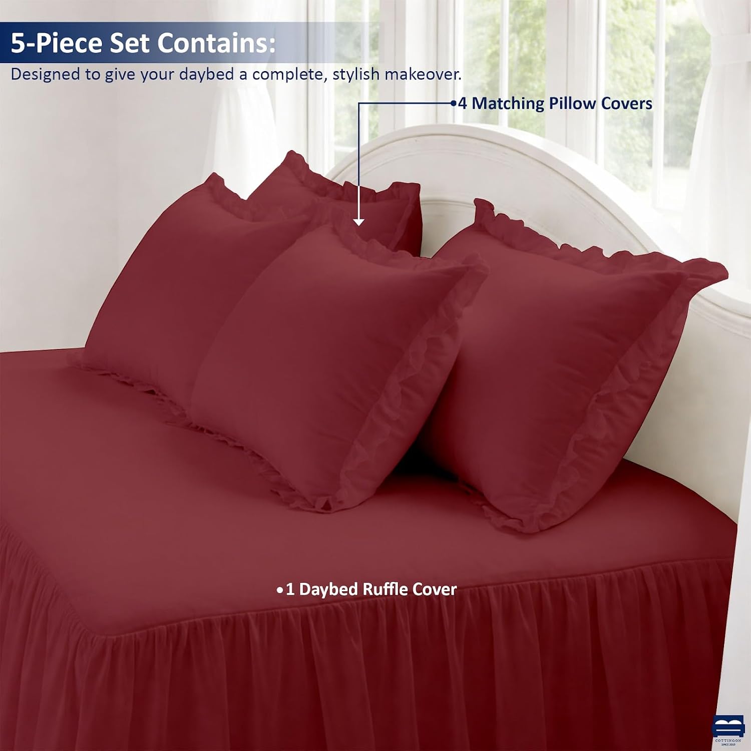 Cottingon 5 Piece Ruffled Daybed Cover Set, Microfiber Ruffle Burgundy Bedding Set (39" Wx75 L) with 28" Drop & 4 Matching Ruffle Pillow Shams - Soft All-Season Farmhouse Style Twin Bedspread