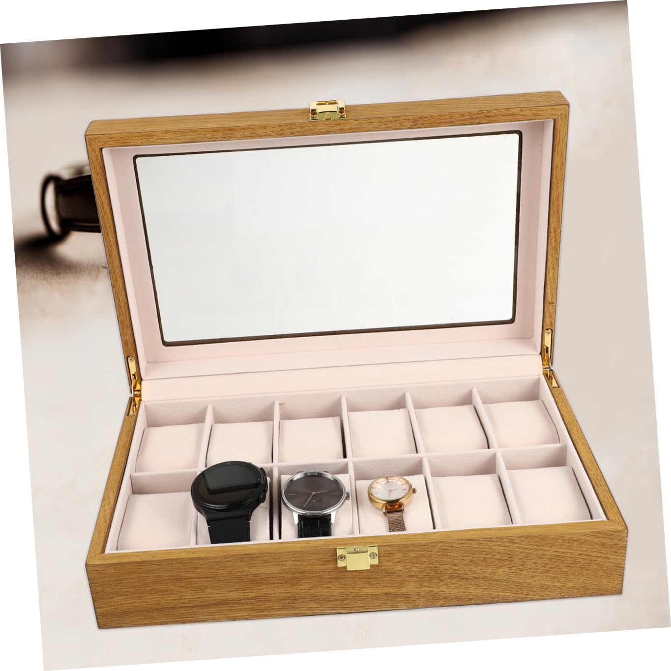 BESPORTBLE Scatola per Orologio da 12 Posti in Legno Chiusura | Organizzatore da Tavolo, Inserti Interni Rimovibili, per Esposizione e Custodia di Orologi