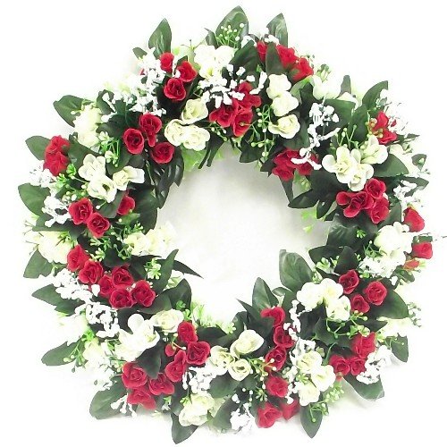42cm Artificial Red & Ivory / Cream Rose Wreath for in or outdoors - Home Grave Wedding