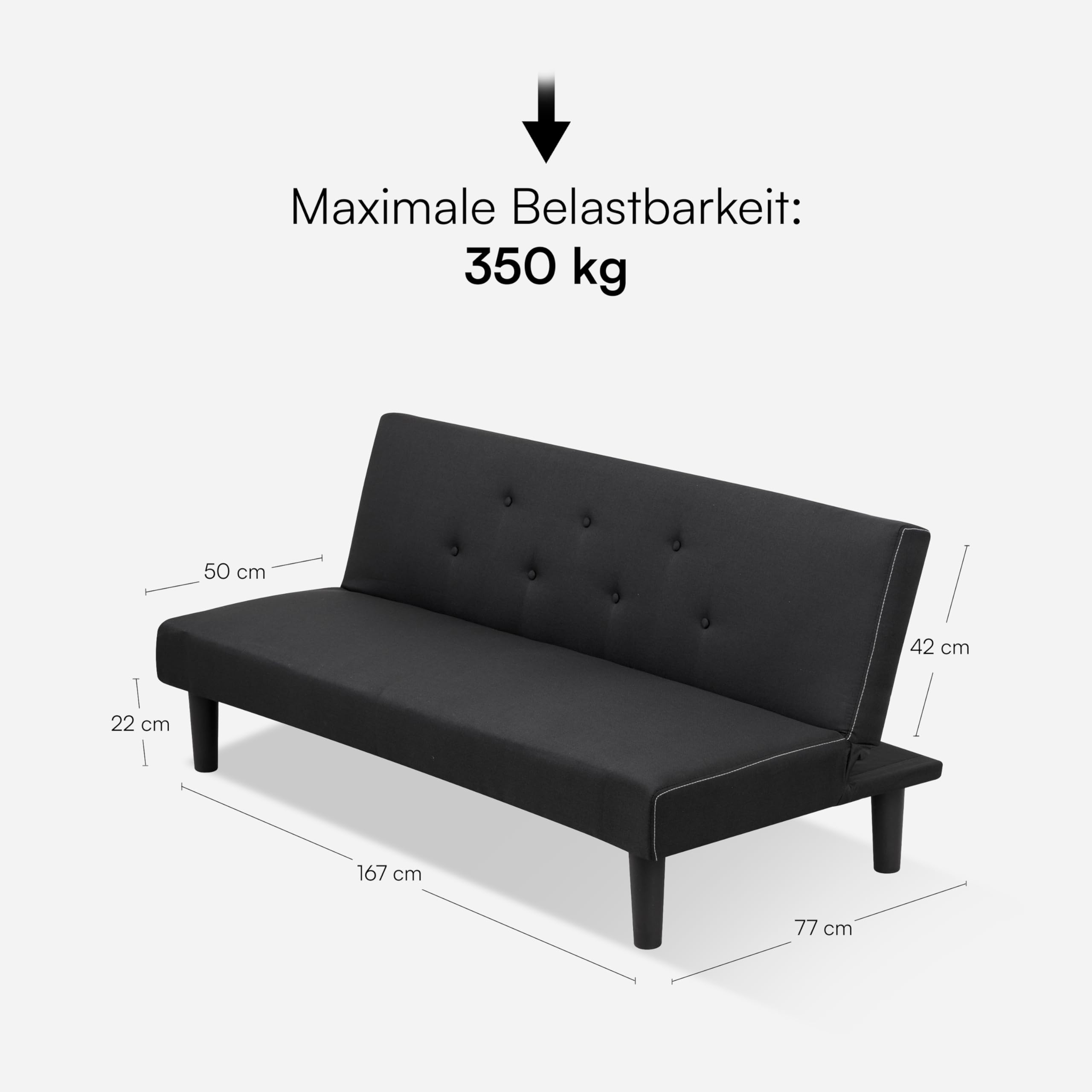 Baroni Home 3-Sitzer Stoff Sofa Bett umwandelbar in Polsterbett, Liegesofa mit Kunststoffbeinen für Wohnzimmer, Gästezimmer, Öffnet 93 cm, 167x70x77 cm (Schwarz)