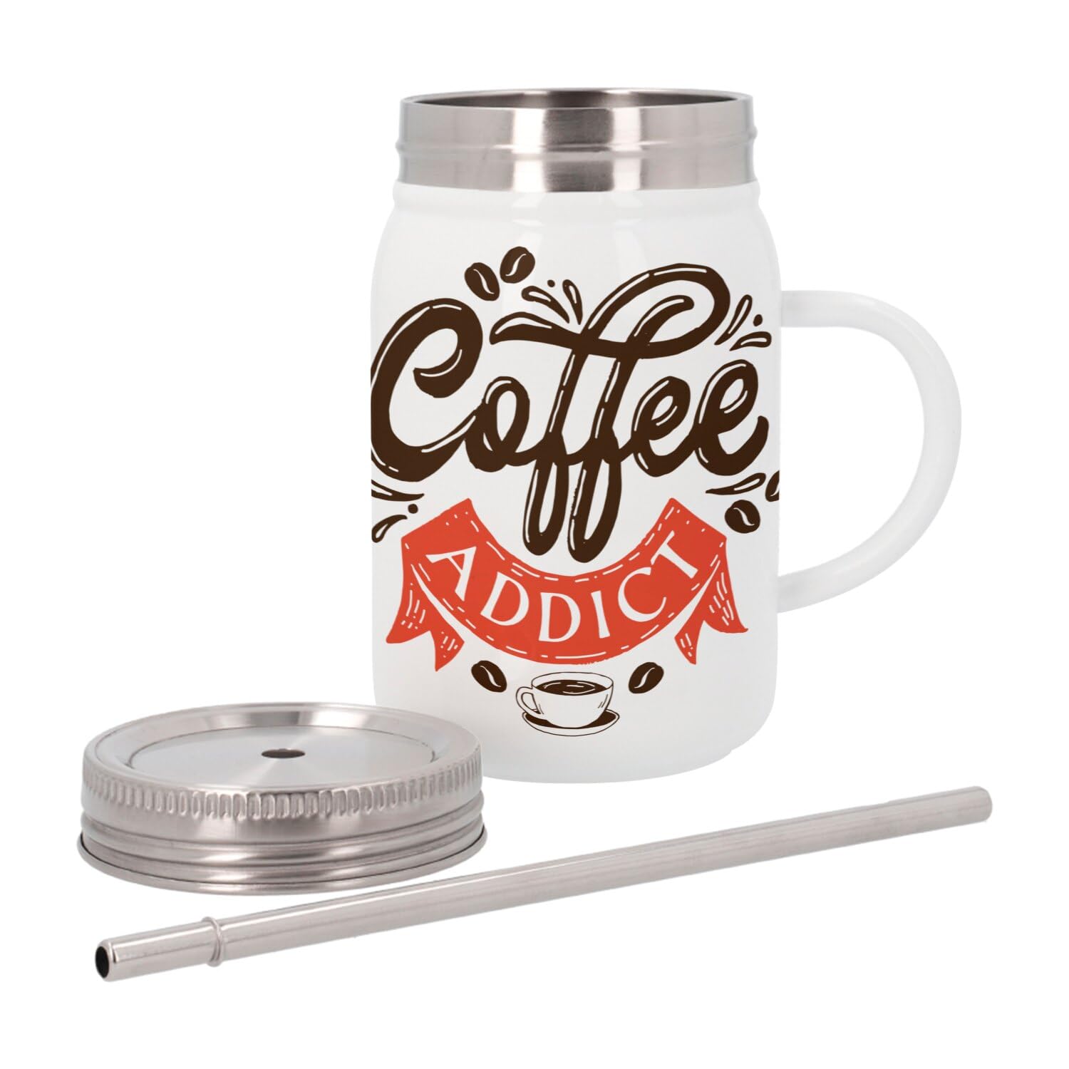 Coffee Addict Café Stainless Steel Insulated Mug with Lid and Straw - 500 ml - Thermo Mug