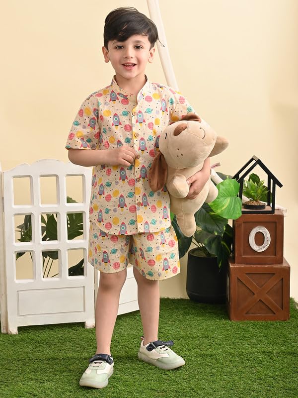 Image of superminis Baby Boys Cotton Printed Shirt and Nikkar /Shorts Coordinated Set