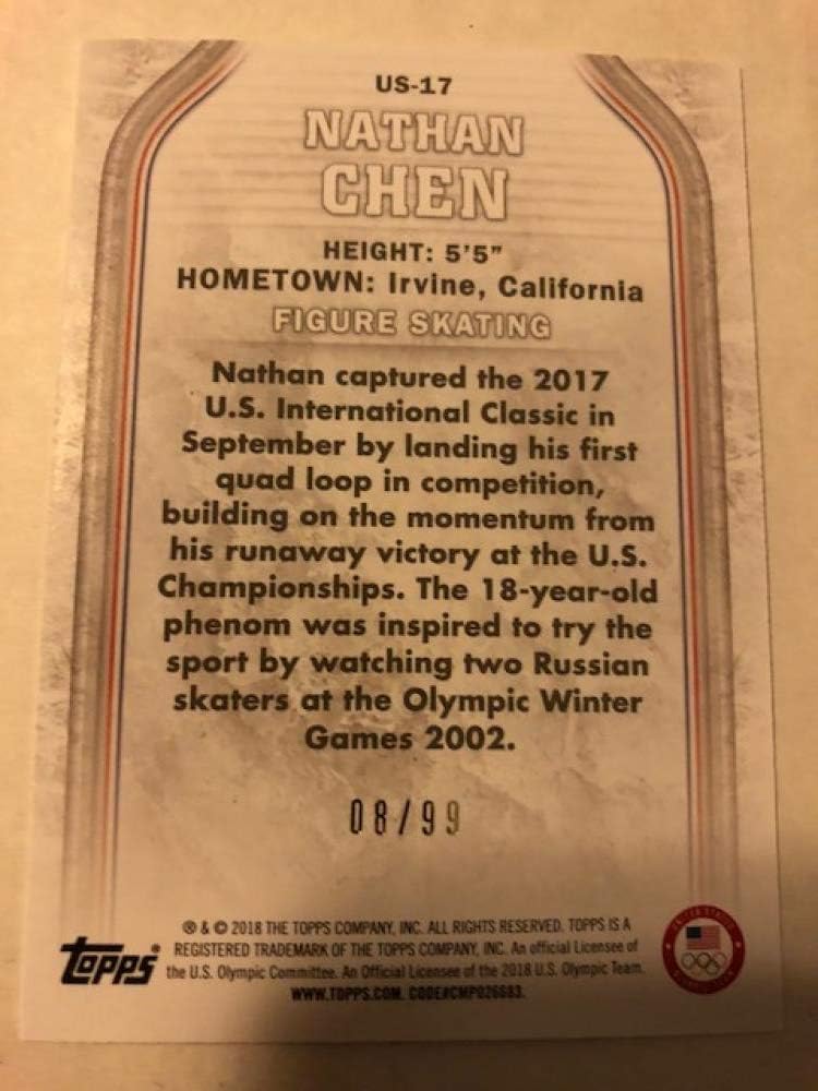 2018 Topps US Winter Olympics US Flag #US-17 Nathan Chen 08/99 MINT