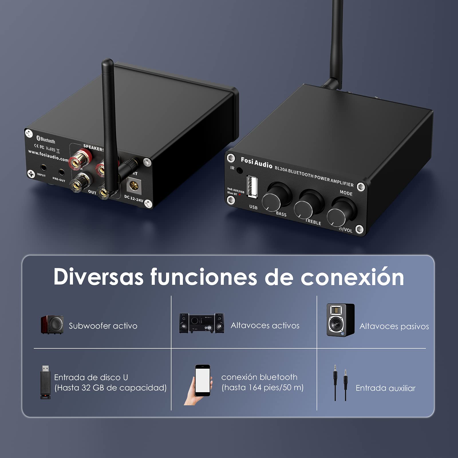 Fosi Audio BL20A 200 vatios Amplificador Audio Bluetooth 5.0 Home Audio Amplificador estéreo Mini Hi-Fi Clase D Amplificador Integrado U-Disk AUX con Control Remoto para Altavoces domésticos