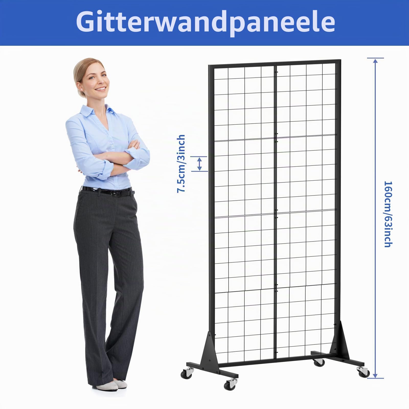Gitterwand Stehend, Gridwall Präsentationsständer, 60 x 160 cm, Verkaufsstand mit dreieckiger Basis, Strapazierfähig, Bodenstehend, für Einzelhandel, Kunstmesse (Schwarzes Finish)