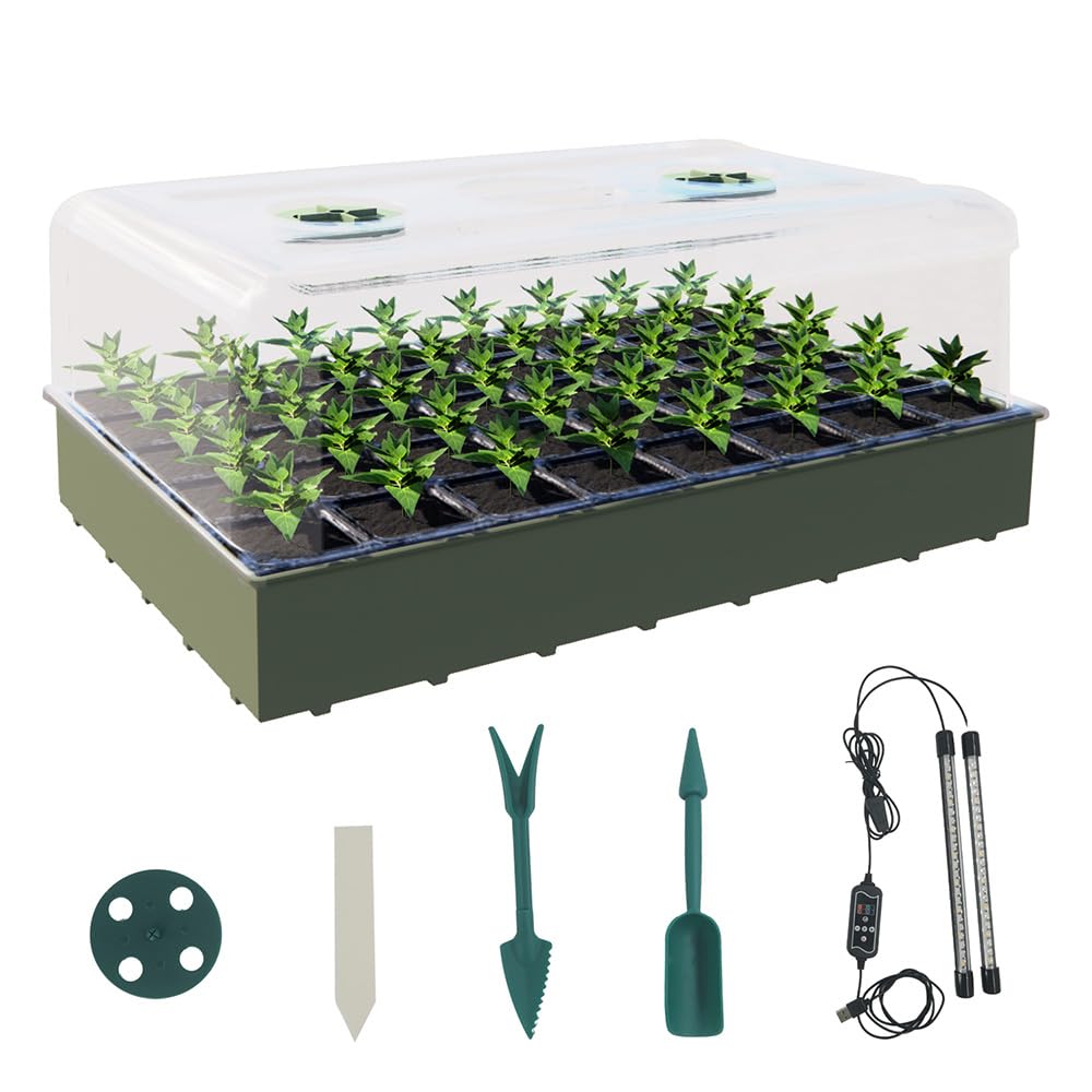 KSONE Bandeja de inicio de semillas con luz de crecimiento, paquete de 2 bandejas de semillas de 80 celdas con cúpula de humedad/kit de inicio de plantas de interior, bandejas de germinación de