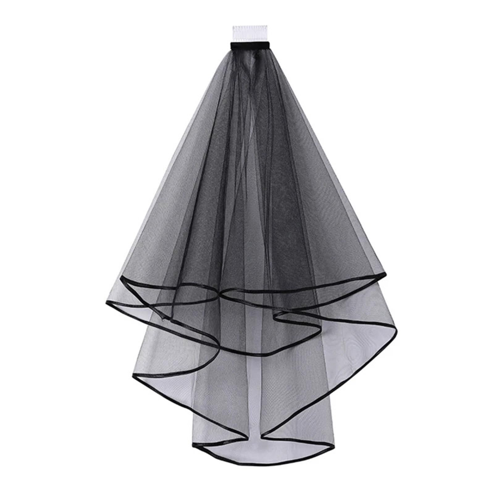 ZXGRfdefa gauze headscarf, Double Mesh Tulle Ribbon Edge Women Short Wedding Veil Comb Bride(Black)