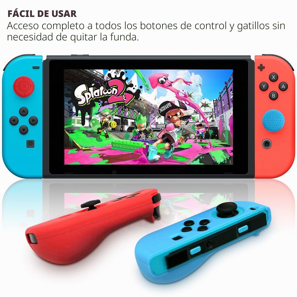 SENHAI Funda Aplicabilidad con Nintendo Switch Joy-con mandos con agarres de protección, 2 Pares de Funda de Silicona para joysticks con 16 Palos, Color Negro, Azul y Rojo