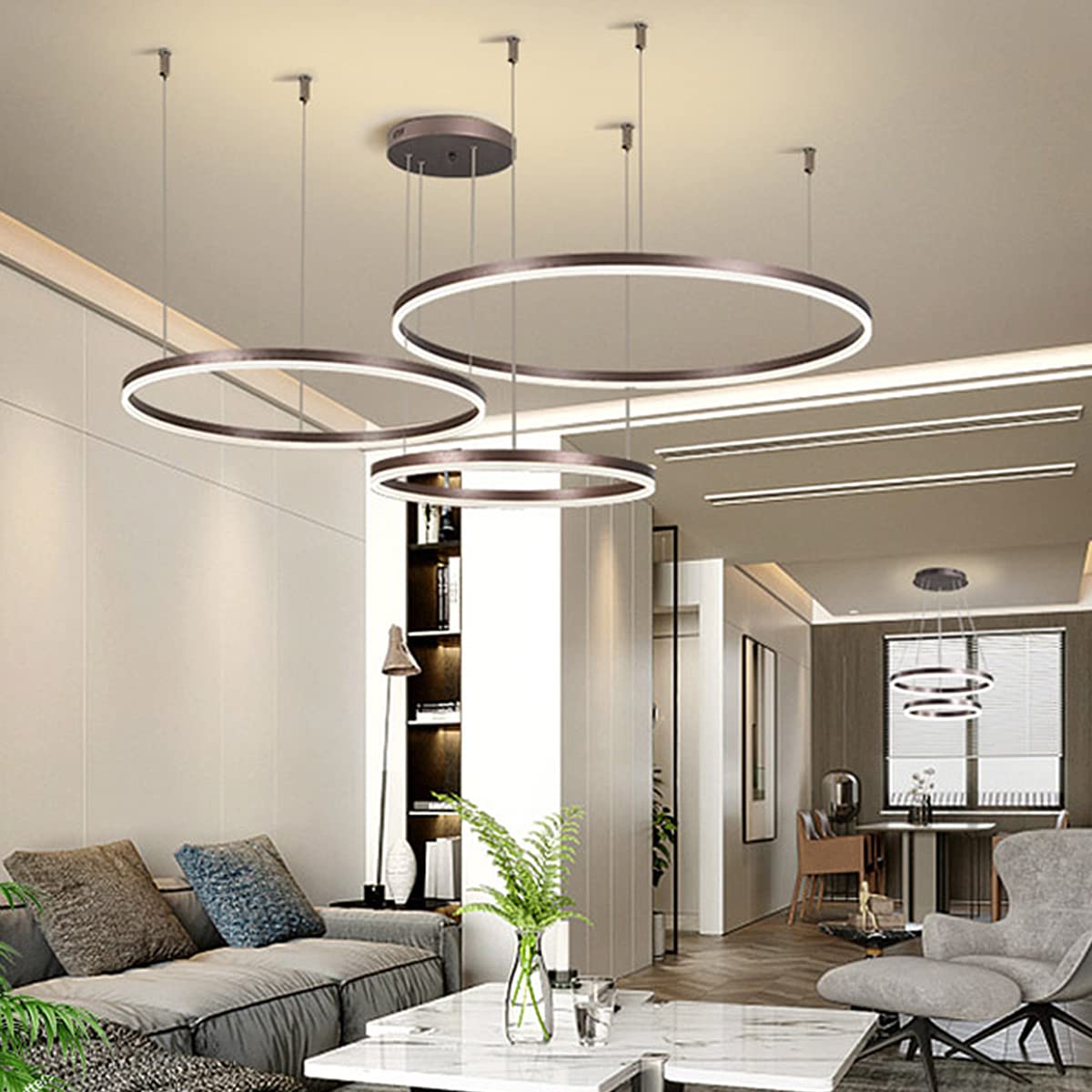 LED Ring Pendant Lights Modern Dimmable Living Room Lamp Aluminum Chandelier with Remote Control Bedroom lndoor Lighting Salon Dining Room Ceiling Light Metal Acrylic Hanging Lamp,Brown,40+60+80