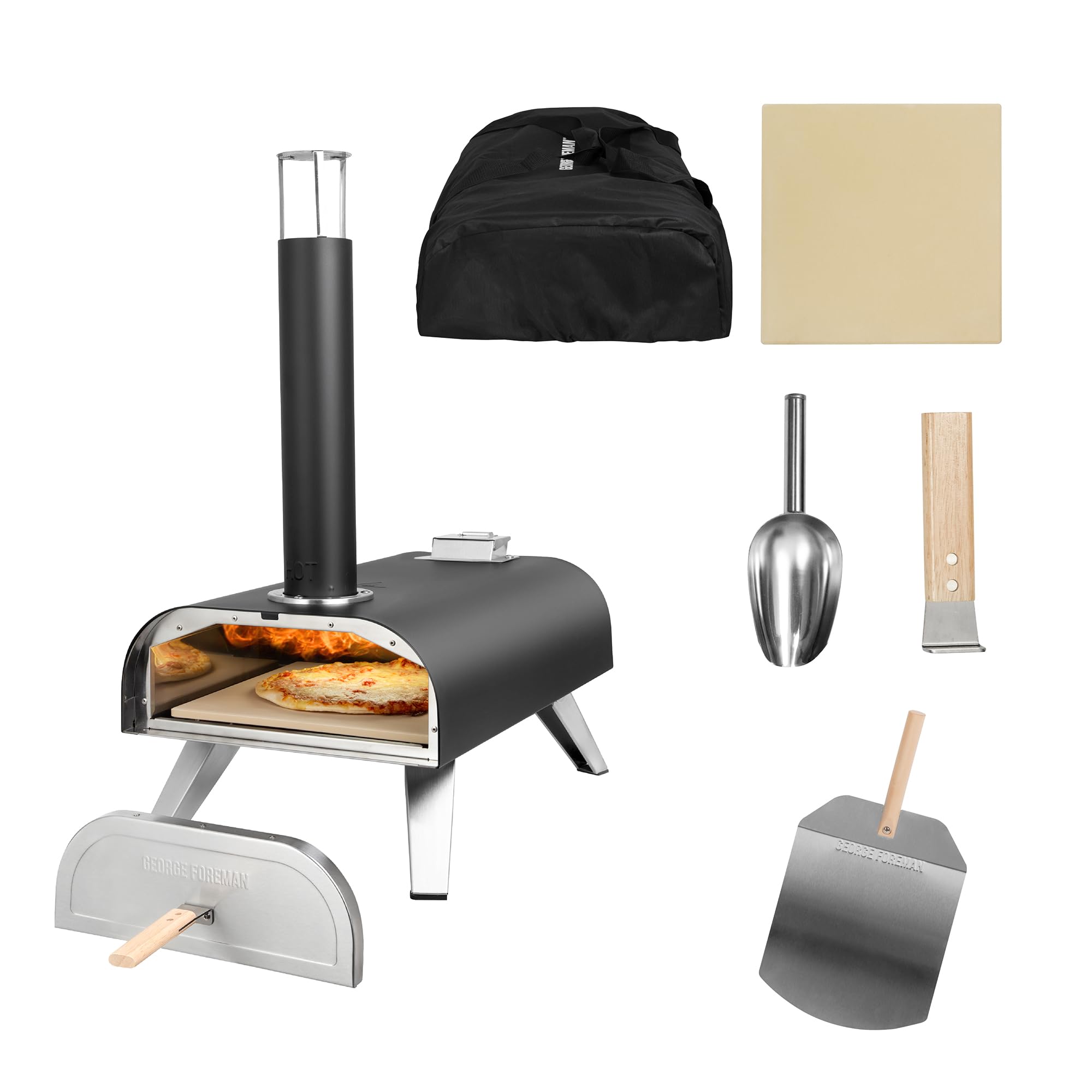 George Foreman 12'' Portable Dual Fuel Powered Pizza Oven in Black with Carry Bag & Paddle, Wood Pellet or Gas BBQ Oven & Smoker GFDFPO2BPC