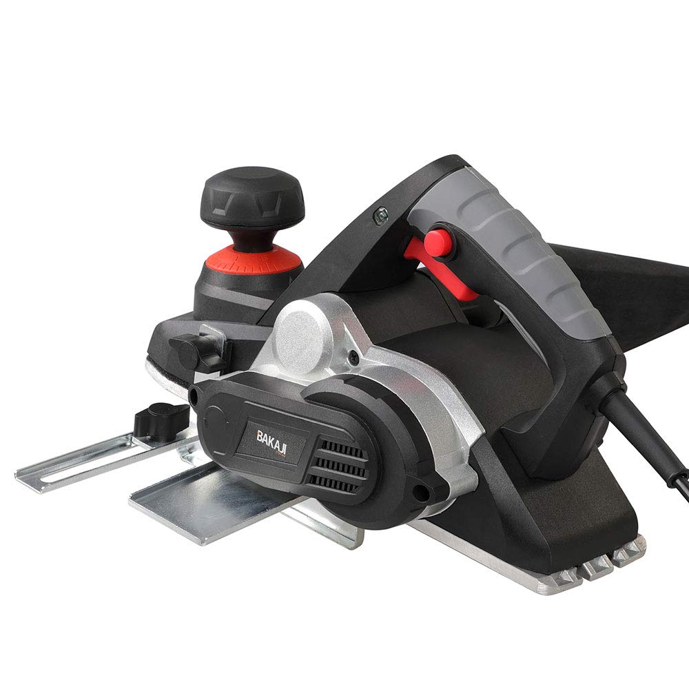 Bakaji Cepilladora eléctrica potencia 900 W lijadora cepilladora madera velocidad 16500 rpm ancho corte 82 mm profundidad ajustable 0-3 mm con aspirador integrado bolsa + guía paralelo