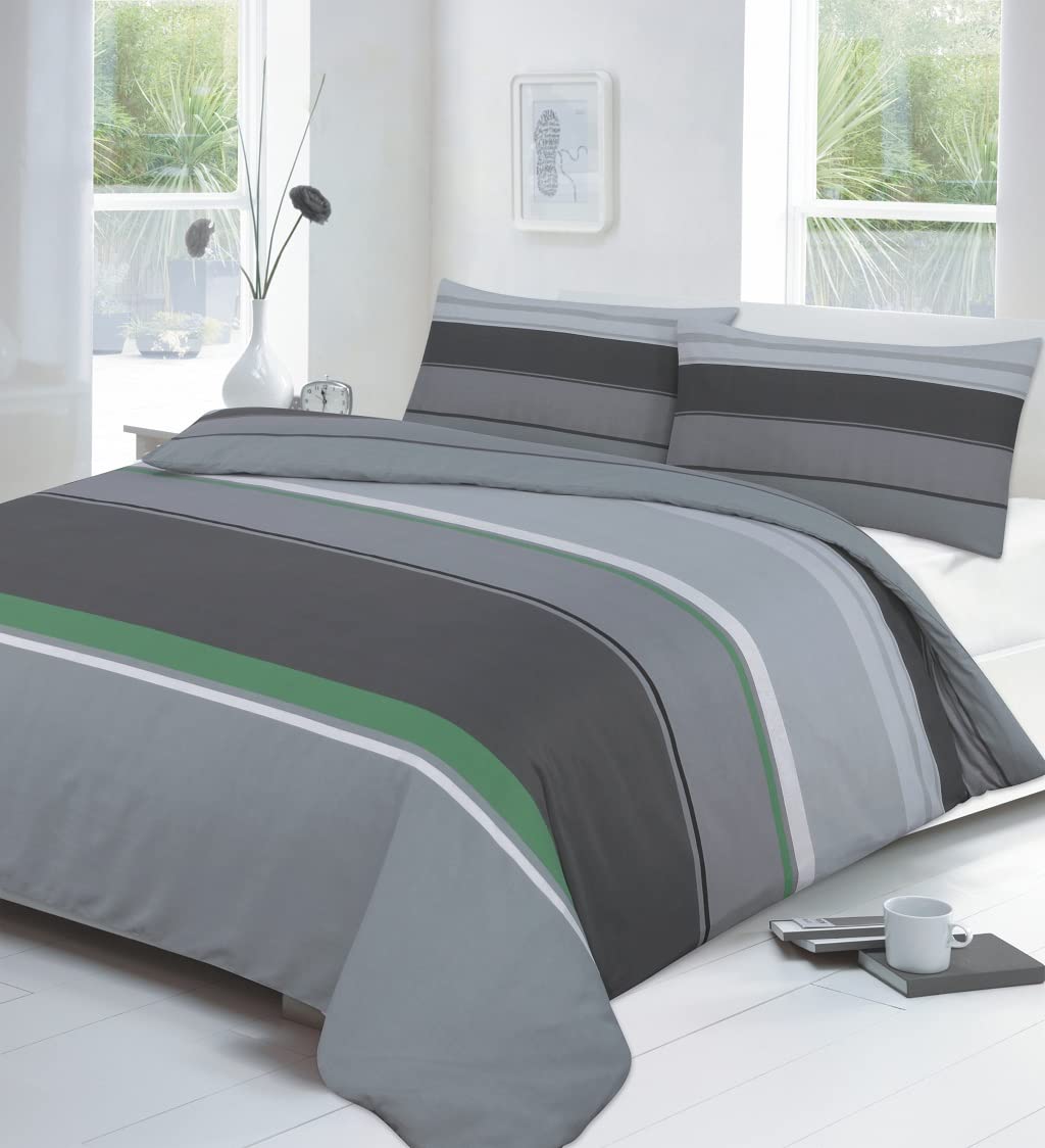 Kampala Hill Carter Green Kingsize Duvet Cover Set Polycotton Striped Bedding