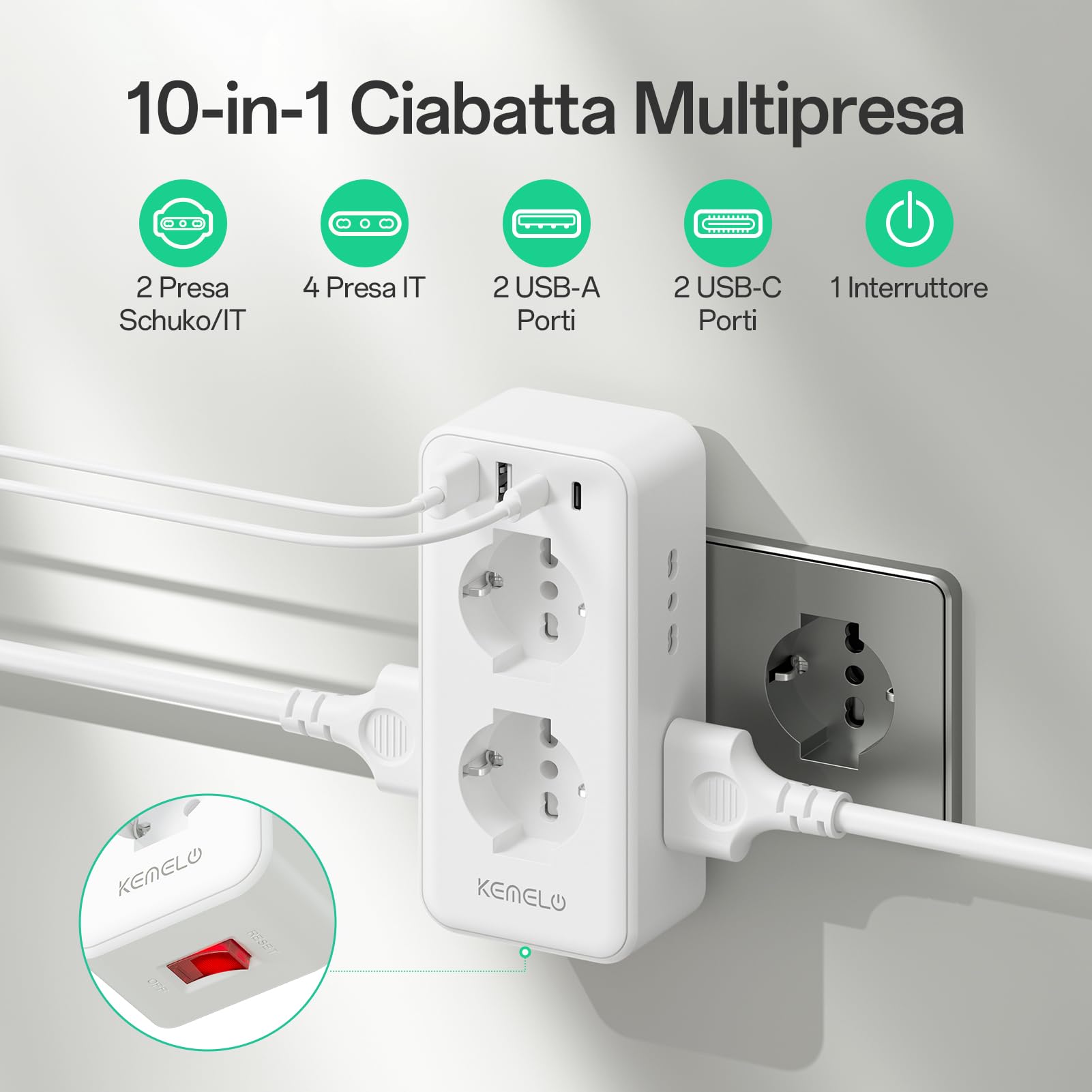 Multiprise murale avec 6 prises universelles 10/16 A ITA et Schuko, multiprise murale avec 2 USB A+2 USB C, prise électrique plate peu encombrante avec interrupteurs pour bureau, maison