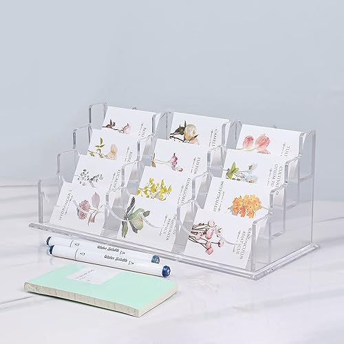 Miniatura 4 de Tarjetero de acrílico transparente para escritorio de 12.6 x 5.5 x 5.2 pulgadas, 4 niveles y 12 bolsillos, soporte para tarjetas de visita múltiple