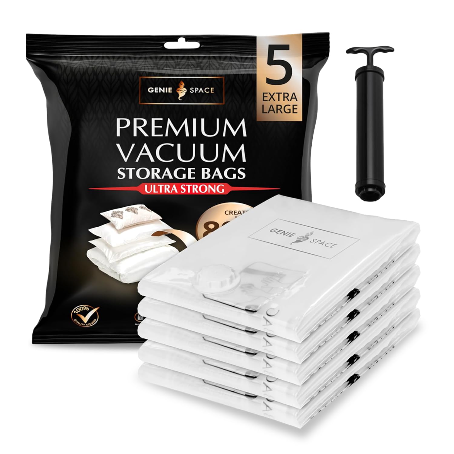 GENIE SPACE Premium Vakuumbeutel für Kleidung, Bettwäsche & Reisen – Extra Groß 100×80 cm, Luftdicht, Geruchsdicht & Wiederverwendbar – Doppelt versiegelt, 5er Pack mit Handpumpe