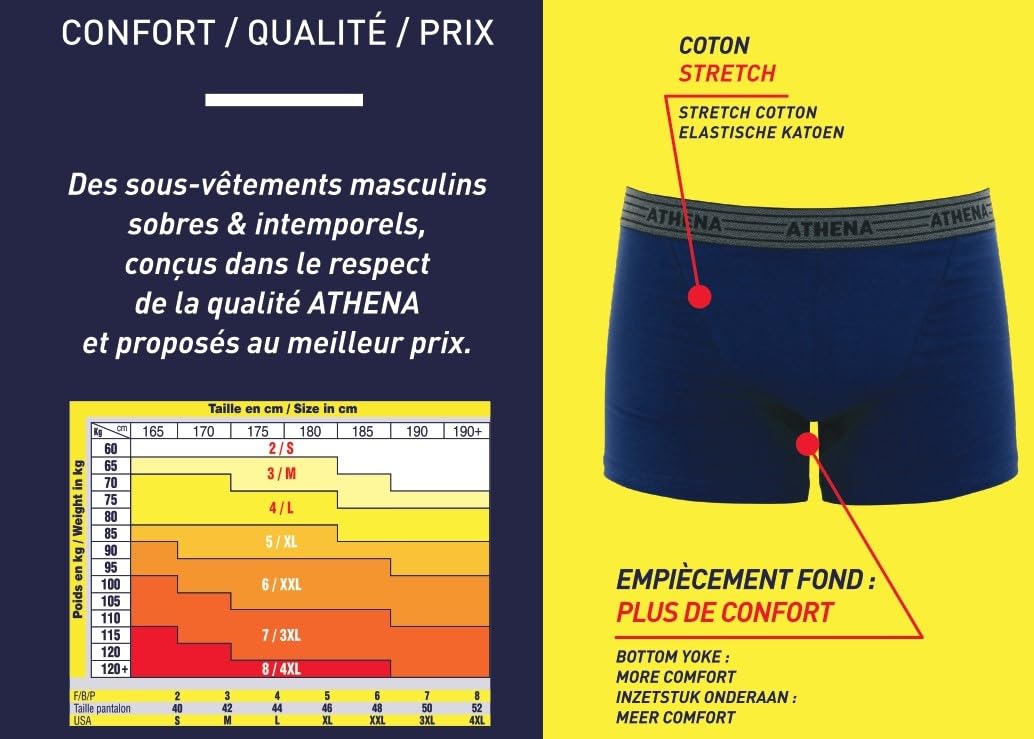 Athena - Lot de 8 Boxers Homme Ecopack - Boxers Coton Stretch Respirant - Label OEKO-TEX® standard 100 - Coupe Ergonomique, Doublure Avant, Confort et Maintien