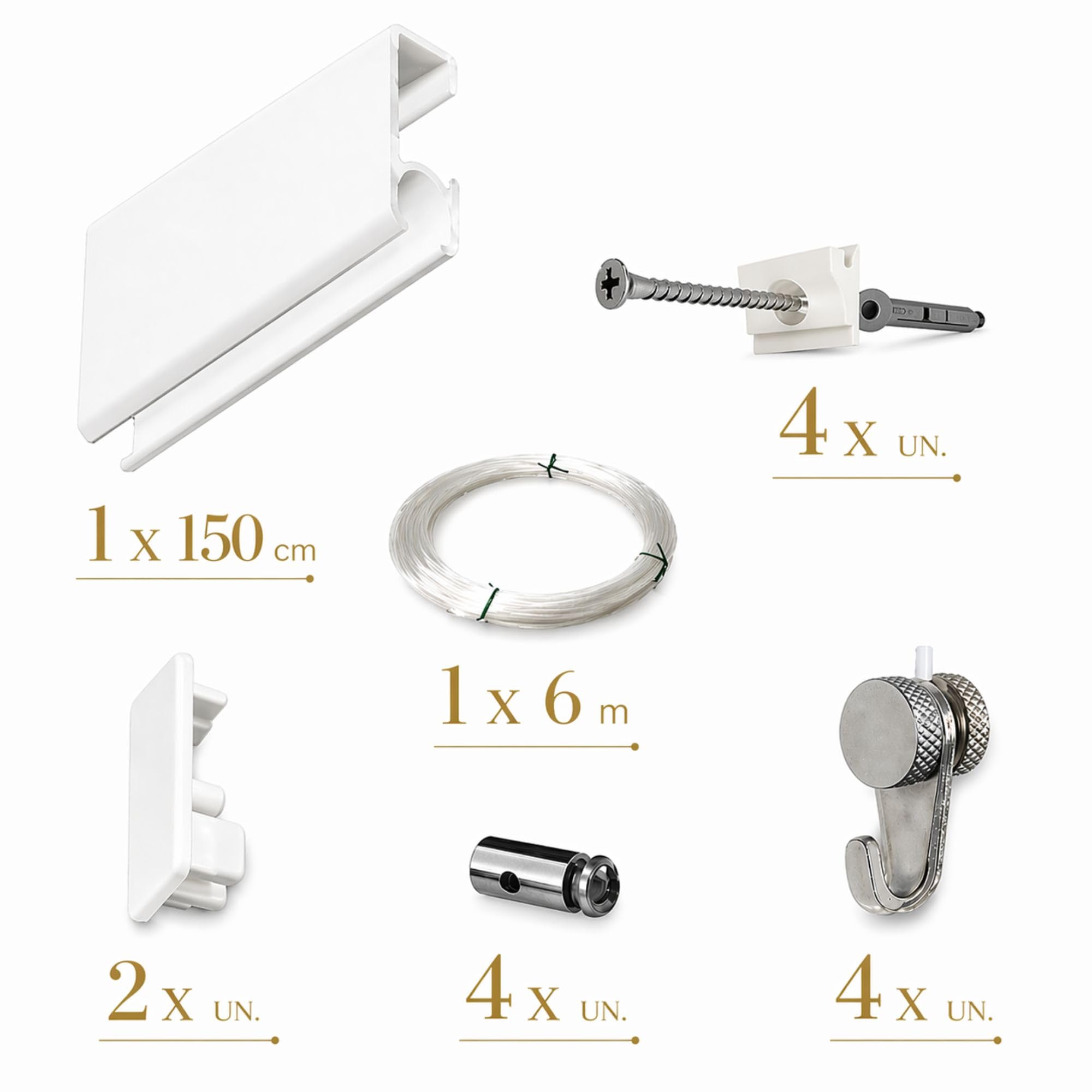 Pack Basic RM para Colgar Cuadros | Barra Guía de 150 cm de Aluminio Blanco | 4 Ganchos Nylon hasta 15 kg | Soporta 35 kg/ml | Incluye Tacos y Tornillos