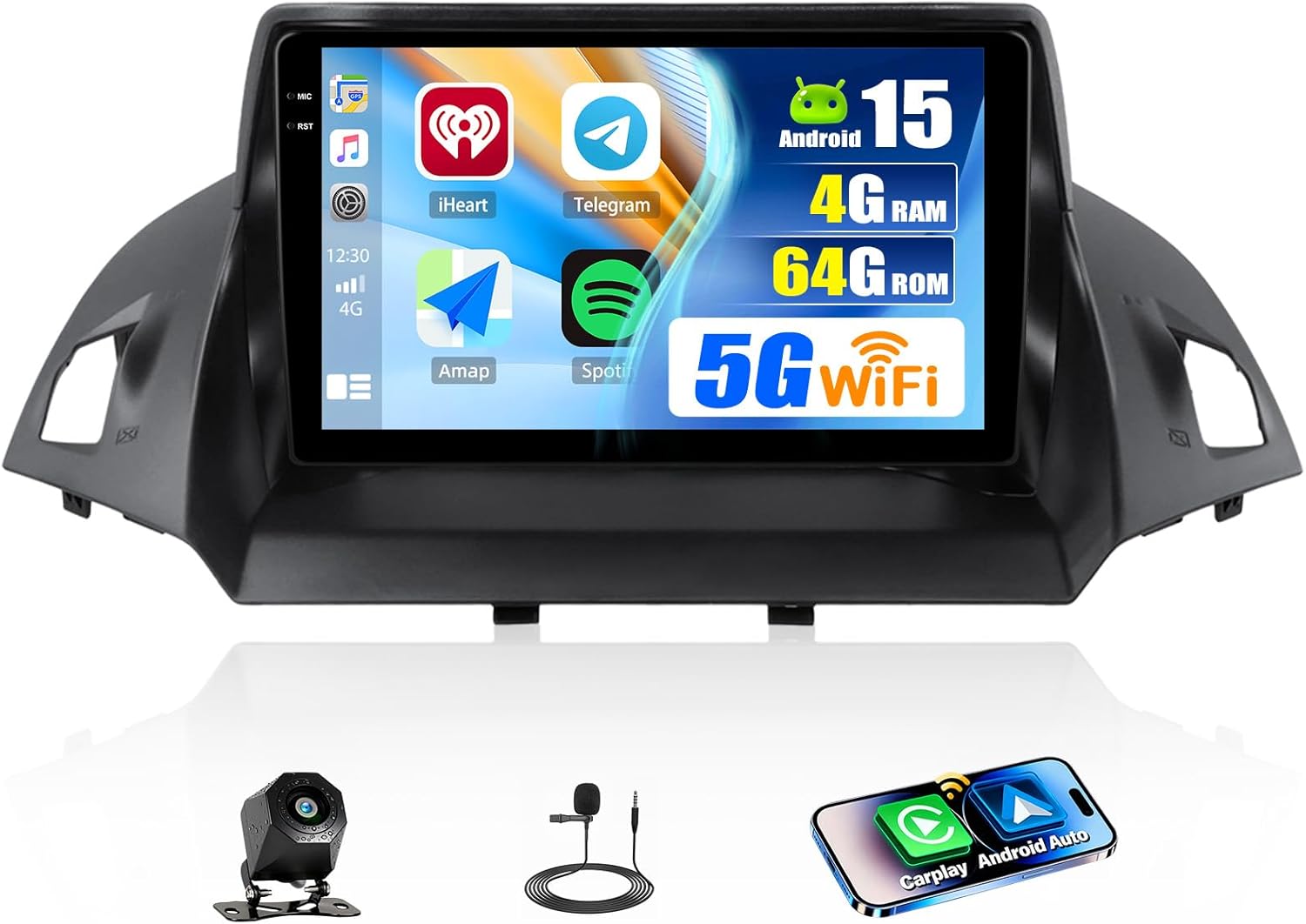 [4G+64G] Android 15 Car Radio for Ford Escape Kuga 2013-2019 with Wireless CarPlay Android Auto,9 inch Touchscreen Car Stereo with WiFi,GPS Navigation,Bluetooth,FM/RDS SWC EQ+Backup Camera