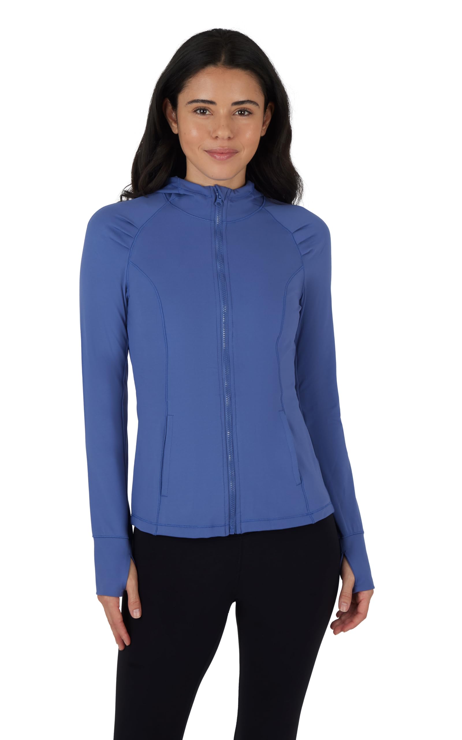 Yogalicious Women's Gray Blue Full-Zip Lightweight Hooded Running Workout Yoga Lux Jacket With Pockets, Xl