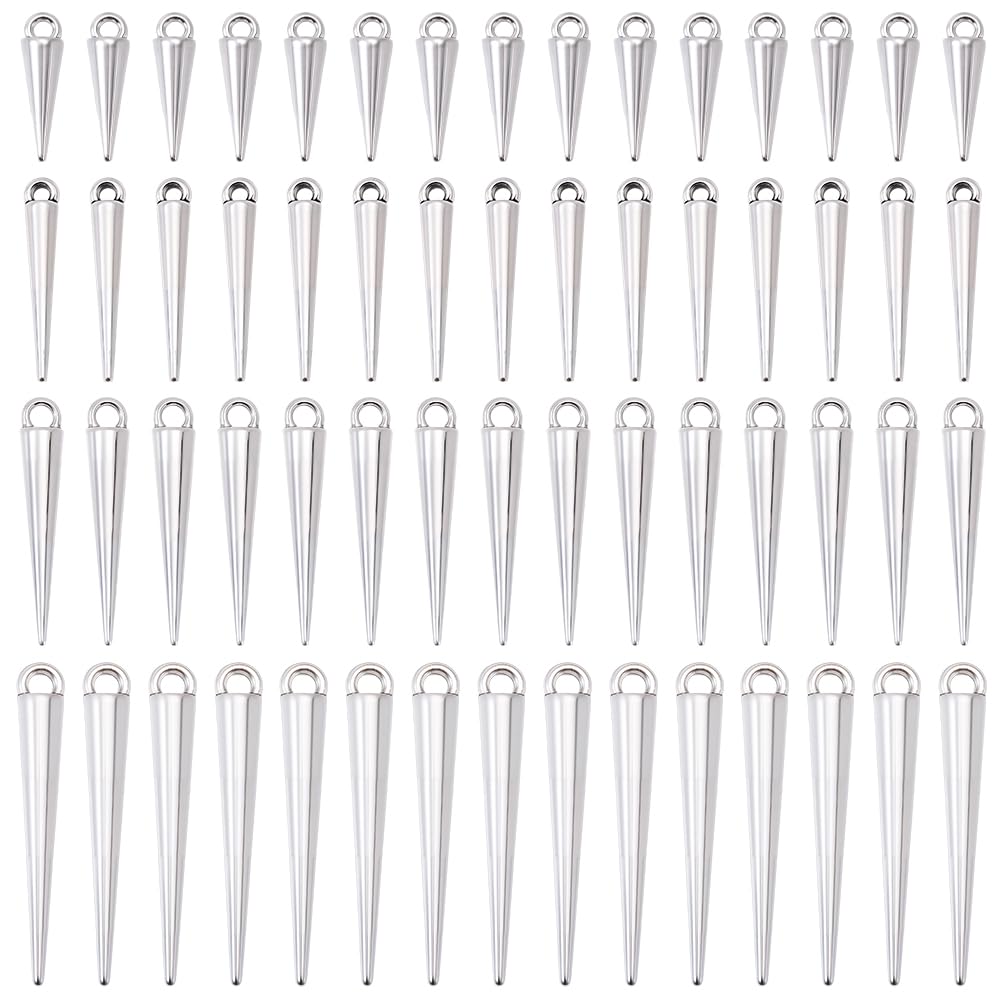 SUNNYCLUE 1 Box 4 Styles 120Pcs Cone Charms Silver Spike Charms Bulk Metal Alloy Punk Goth Tibetan Vintage Long Cones Dangle Pendant for Jewellery Making DIY Supplies Crafts Necklace Bracelet Earring
