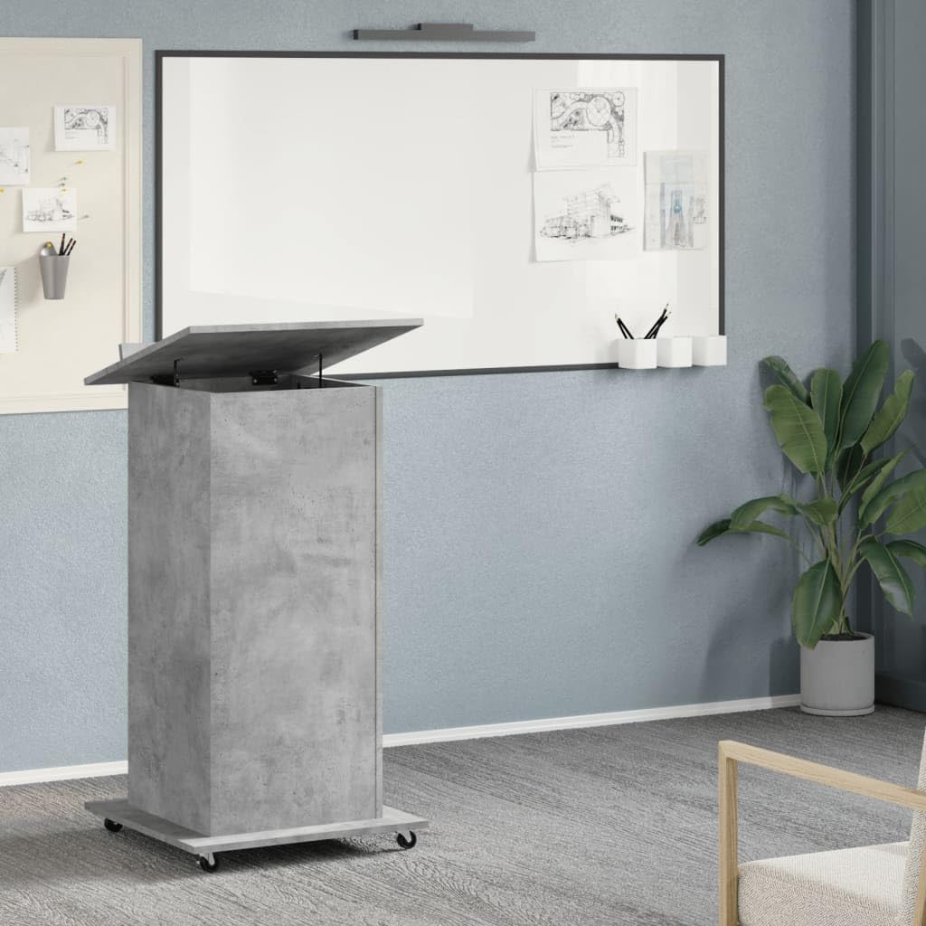 Rednerpult mit Rollen Schublade Betongrau 55x55x107 cm Neigbare Oberplatte, Umrandung, Stauraum, Höhenverstellbar, für Präsentationen, Büro, Homeoffice, Arbeitszimmer