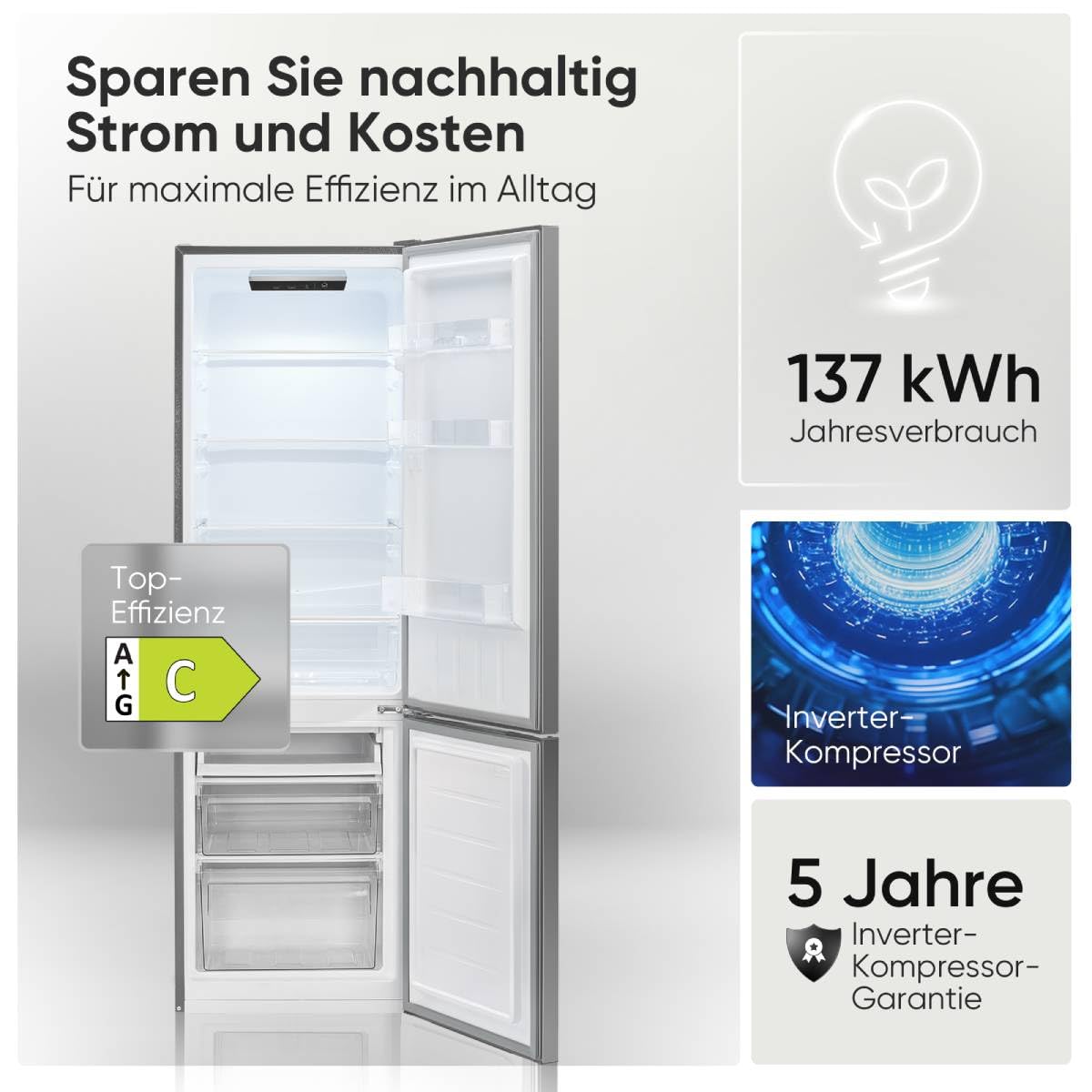 Bomann KG 7369 Kühlschrank mit Gefrierfach Energieklasse C 176cm LowFrost Kühl Gefrierkombination silber