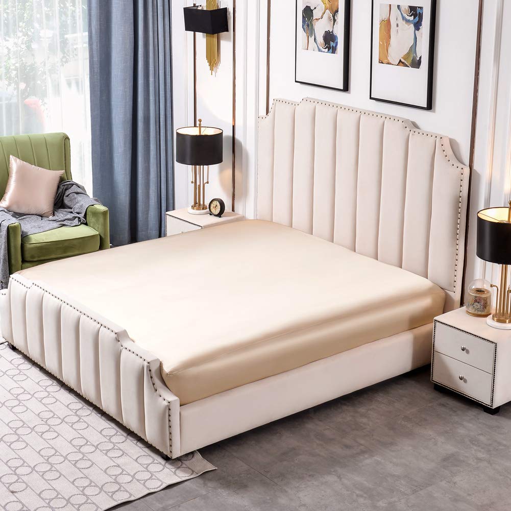 THXSILK 25 Momme Fitted Sheet Silk Bed Sheet, 100% Mulberry Silk Bed Linen Fitted Sheet, Silk Bed Sheet for Standard Mattress, 100 x 200 + 30 cm, Champagne