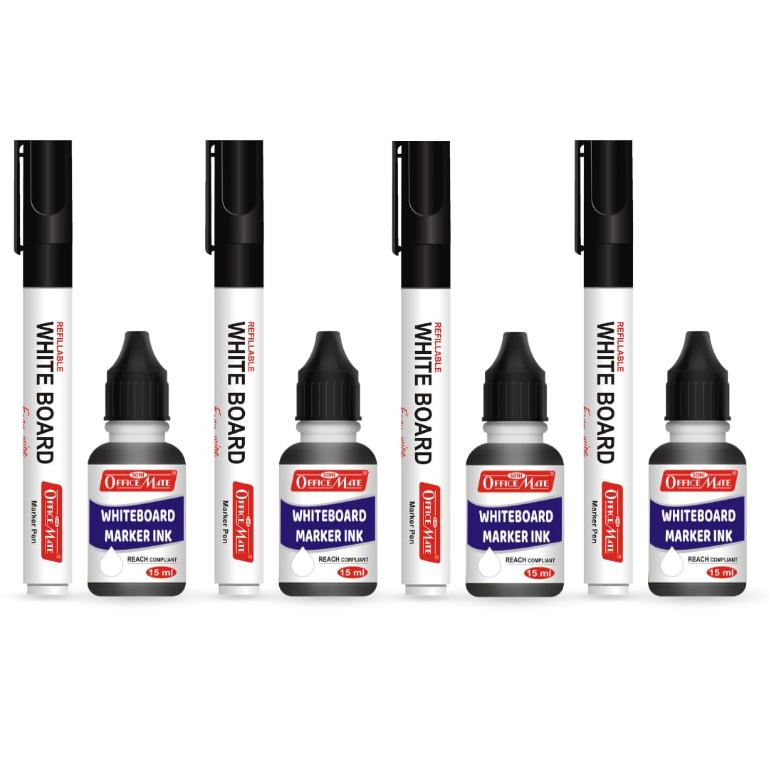 Soni Officemate Whiteboard Combo (4 Whiteboard Markers + 4 Whiteboard Markers Ink) (Black)