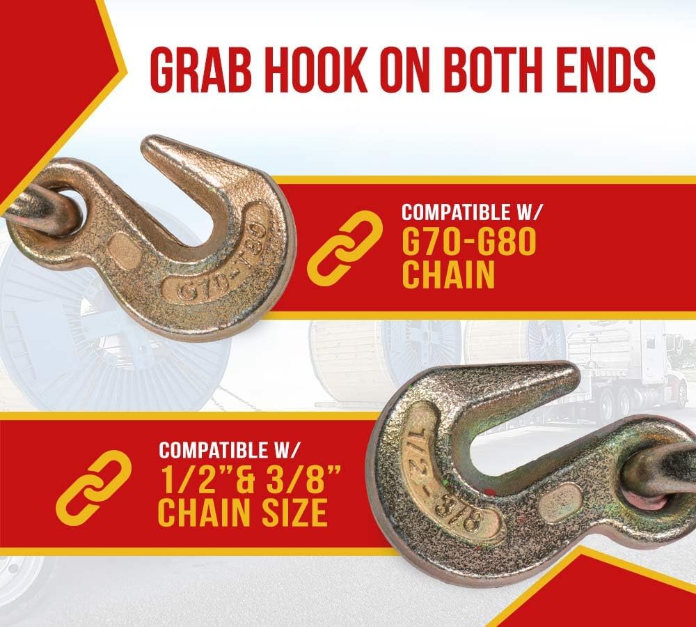 Mytee Products Chain and Binder Kit 1/2"-5/8" Hi-Viz Green Folding Handle Ratchet Load Binder w/Grab Hook 18,100 lbs WLL &1/2"x20' G70 Binder Chain w/Clevis Grab Hooks for Tie Down, Hauling, Towing