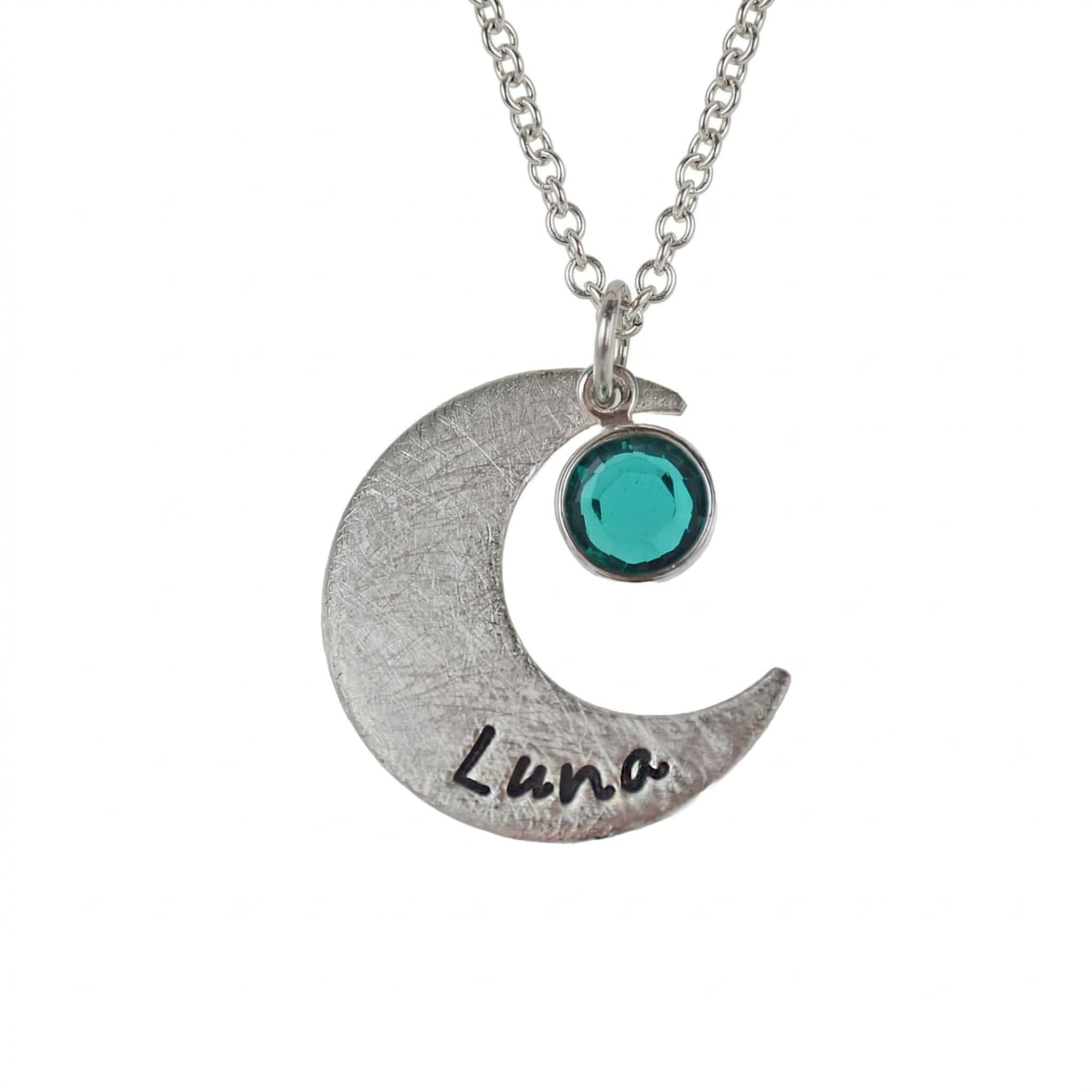 Personalisiertes Halskette Damen Silber 925 mit Namen & Geburtsstein - Mond Anhänger Gravur Silberkette - Individuelles Geschenk für Frauen, Freundin, Mutter - Handgefertigt