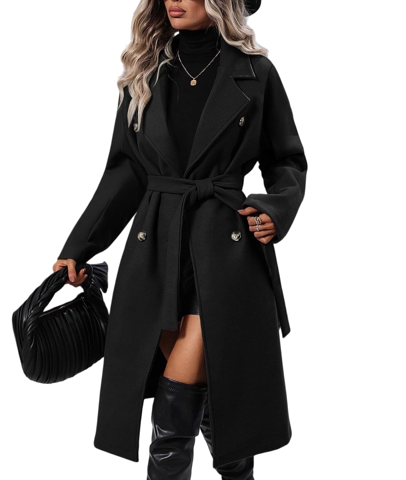 Manteau Femme Laine Trench Coat Long Croisé Pour Femme En Laine Mélangée Col Cranté Classique Coupe Élégante Et Cintrée Ceinture Idéal Pour L'Automne Et L'Hiver Chaud Et Confortab