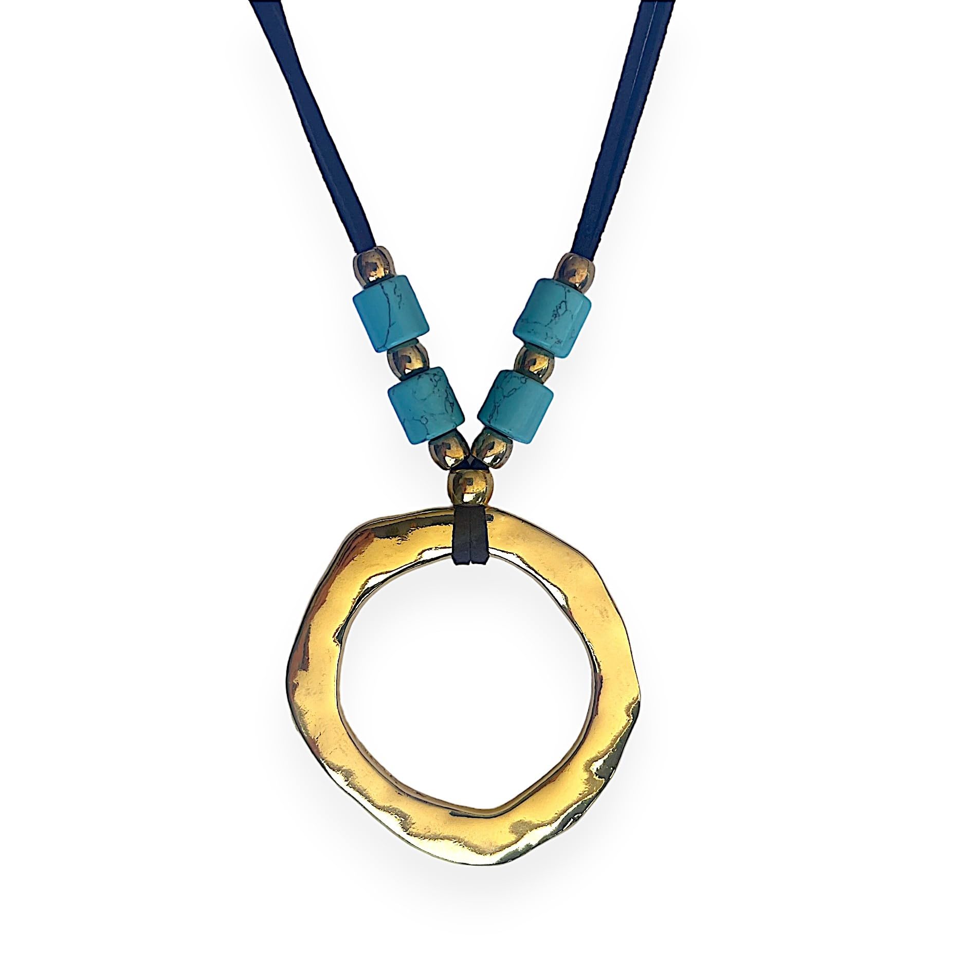 ASTER ALHELÍ Colgante Mujer Grande Dorado con Piedras Turquesas - Collar Largo con Altura Ajustable con Cadena de Antelina Marrón - Ideal para Regalo